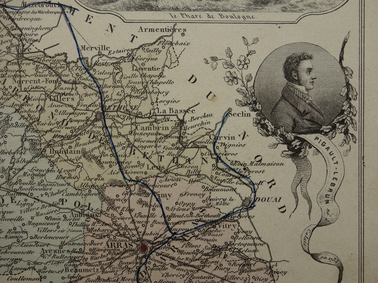 Oude kaart van Pas-de-Calais departement in Frankrijk uit 1870 originele vintage handgekleurde landkaart Arras