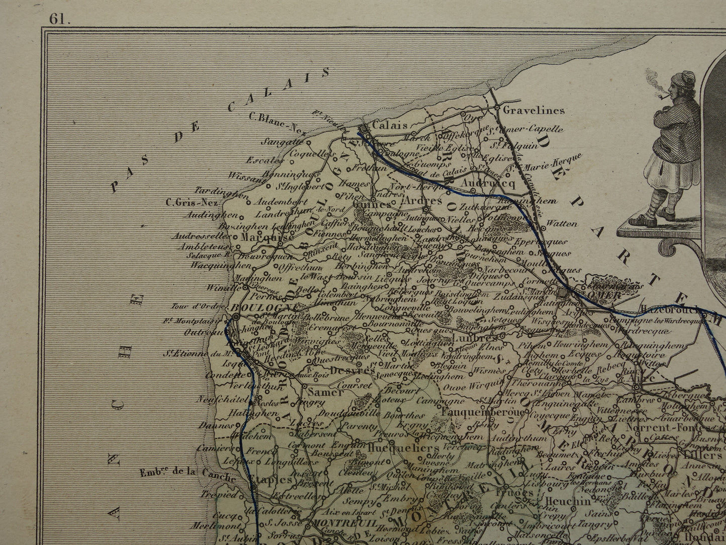 Oude kaart van Pas-de-Calais departement in Frankrijk uit 1870 originele vintage handgekleurde landkaart Arras