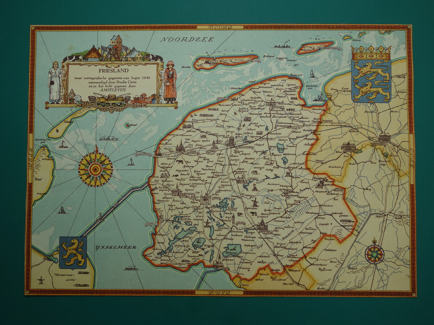 FRIESLAND Vintage kaart van de provincie Friesland uit 1947 Oude historische landkaart