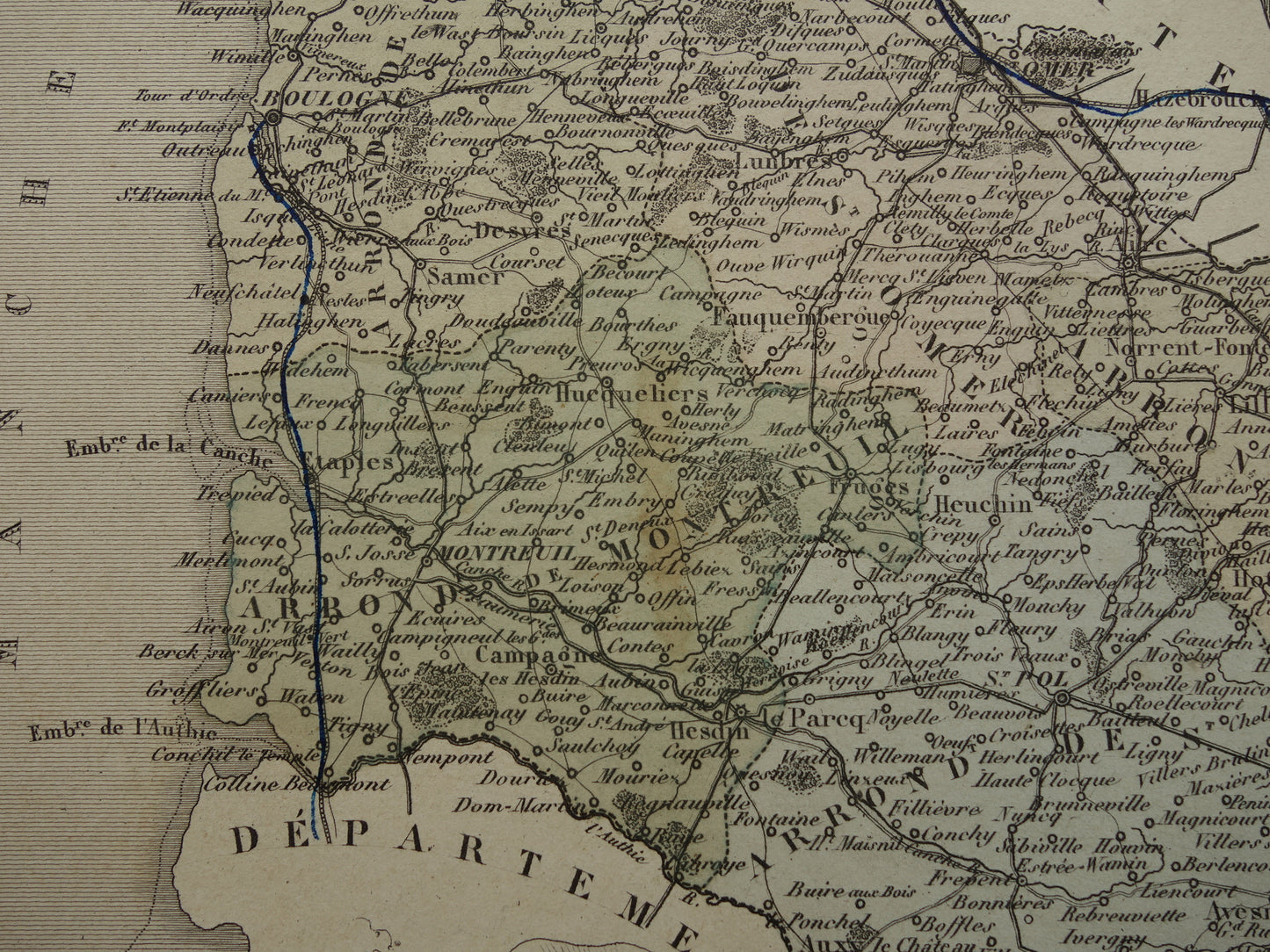 Oude kaart van Pas-de-Calais departement in Frankrijk uit 1870 originele vintage handgekleurde landkaart Arras