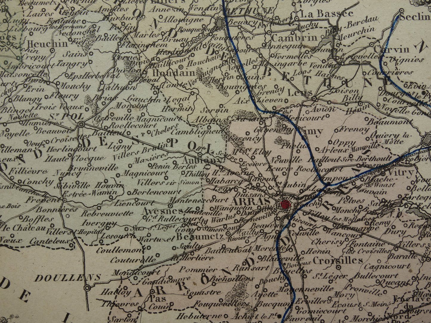 Oude kaart van Pas-de-Calais departement in Frankrijk uit 1870 originele vintage handgekleurde landkaart Arras