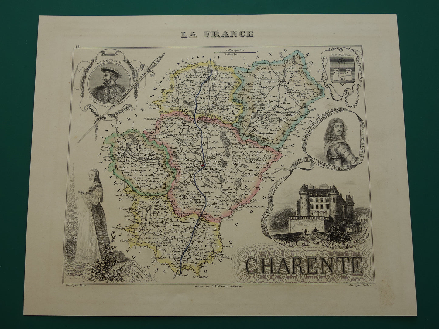 CHARENTE Frankrijk oude kaart uit 1856 originele antieke handgekleurde landkaart Cognac Angoulême Chateau de la Rochefoucauld