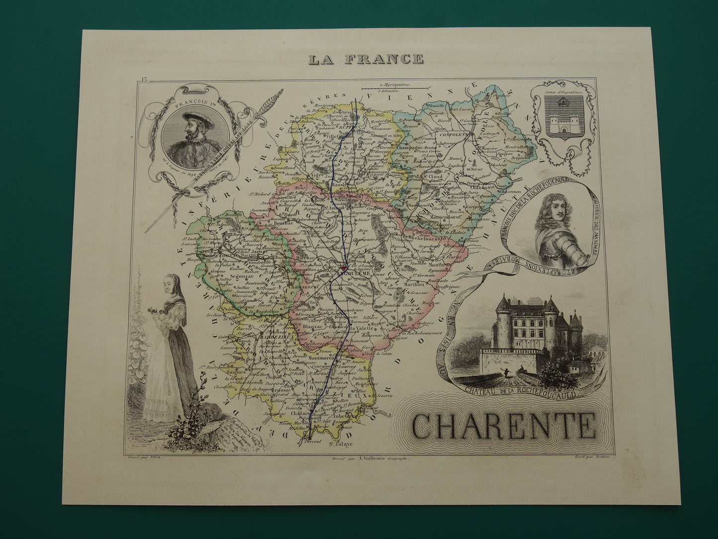 CHARENTE Frankrijk oude kaart uit 1856 originele antieke handgekleurde landkaart Cognac Angoulême Chateau de la Rochefoucauld