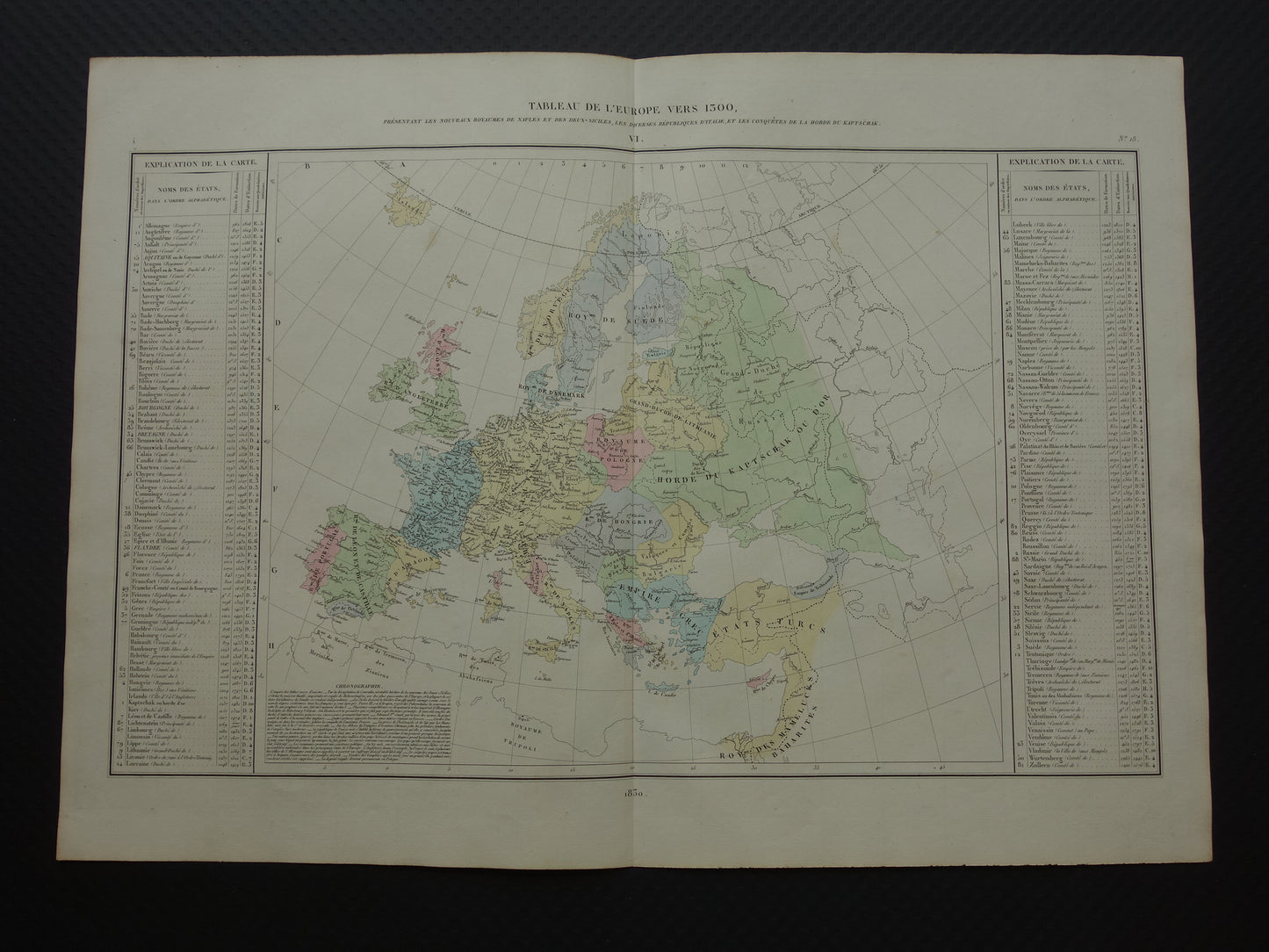 Oude kaart van Europa rond het jaar 1300 Gouden Horde originele antieke landkaart uit 1830 geschiedeniskaart