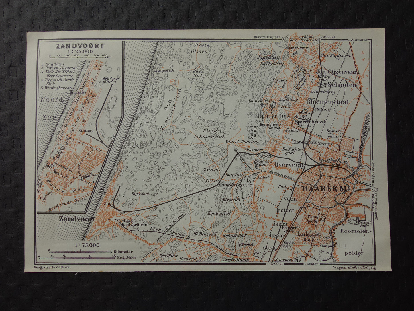 Zandvoort en Haarlem kleine oude landkaart uit 1904 kleine originele antieke kaart vintage print Bloemendaal Overveen