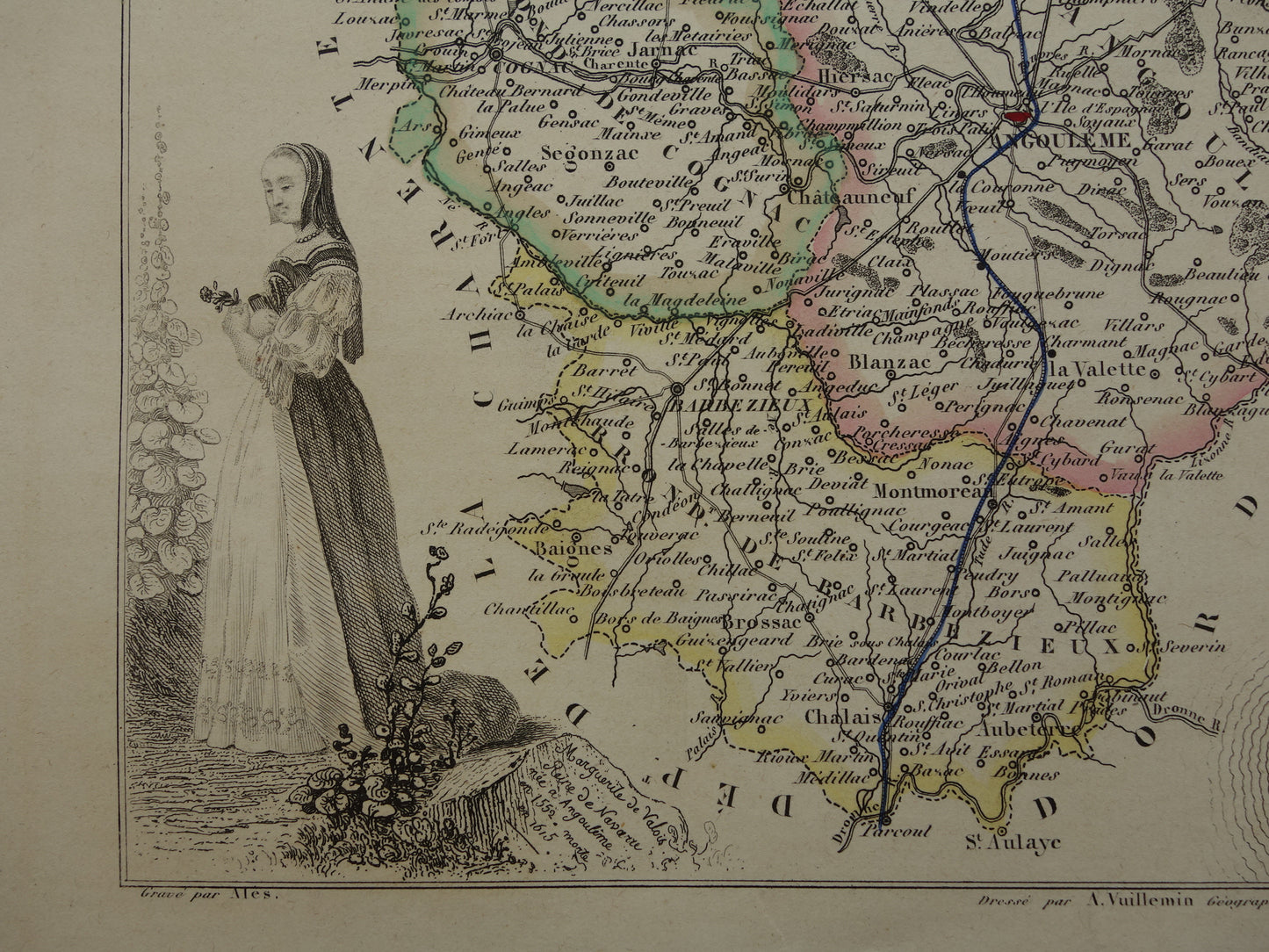 CHARENTE Frankrijk oude kaart uit 1856 originele antieke handgekleurde landkaart Cognac Angoulême Chateau de la Rochefoucauld