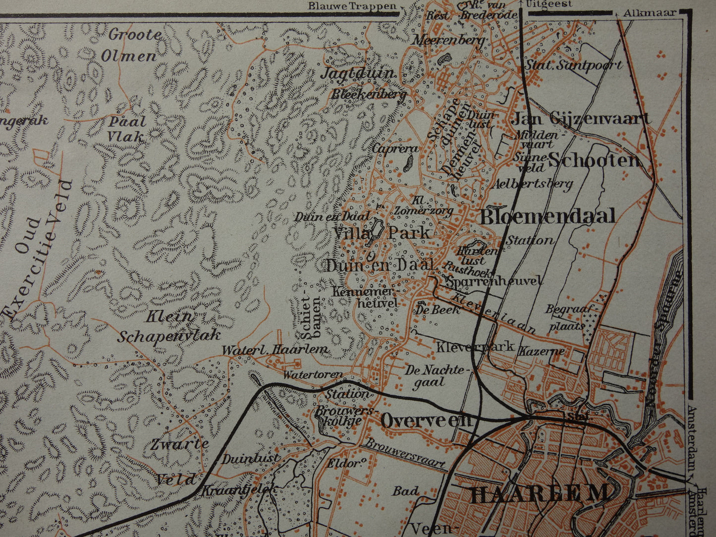 Zandvoort en Haarlem kleine oude landkaart uit 1904 kleine originele antieke kaart vintage print Bloemendaal Overveen