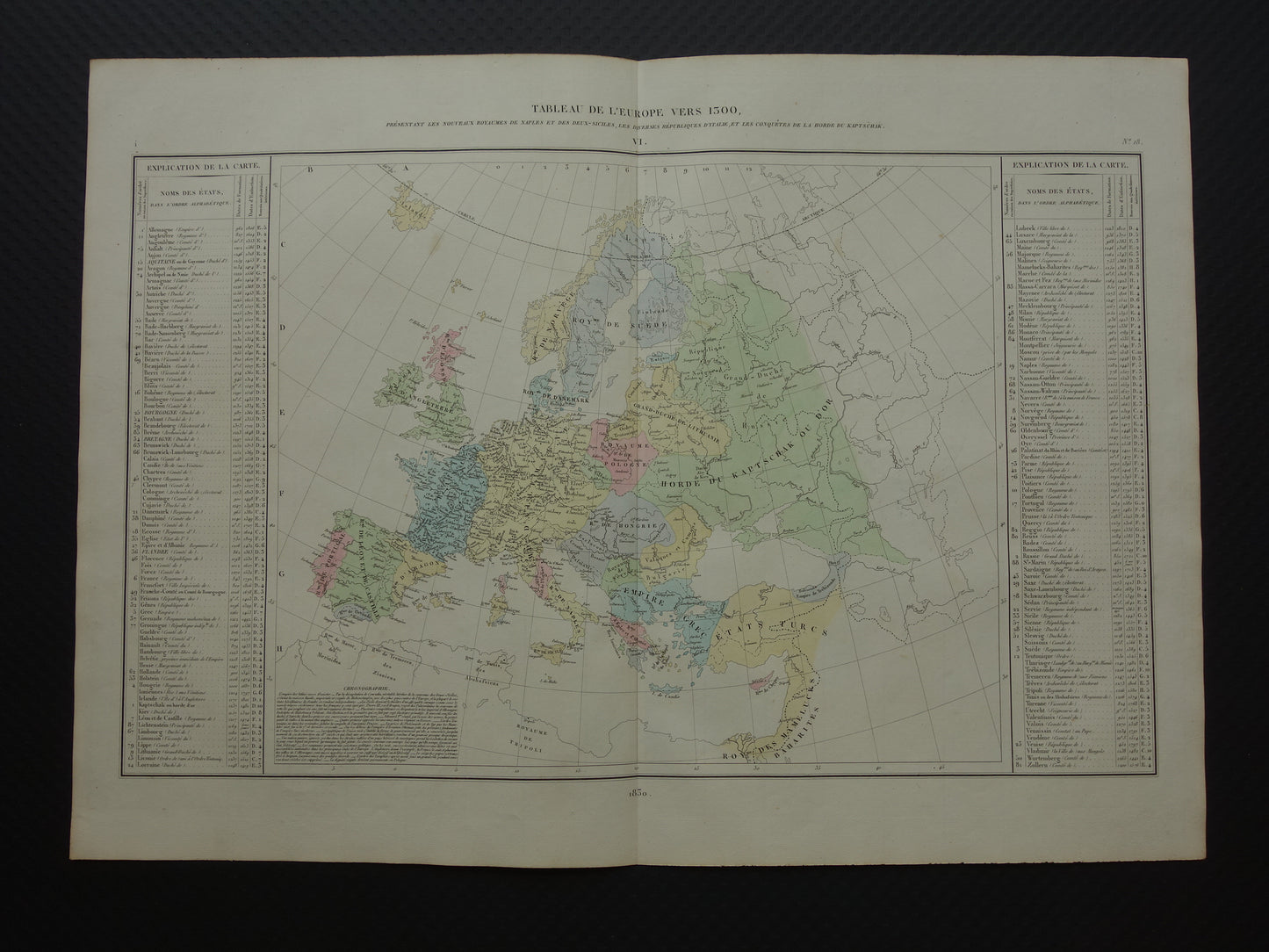 Tableau de l'Europe vers 1300 presentant les nouveaux royaumes de naples et des deux-siciles, les diverses republiques d'italie et les conquetes de la horde du kaptschak