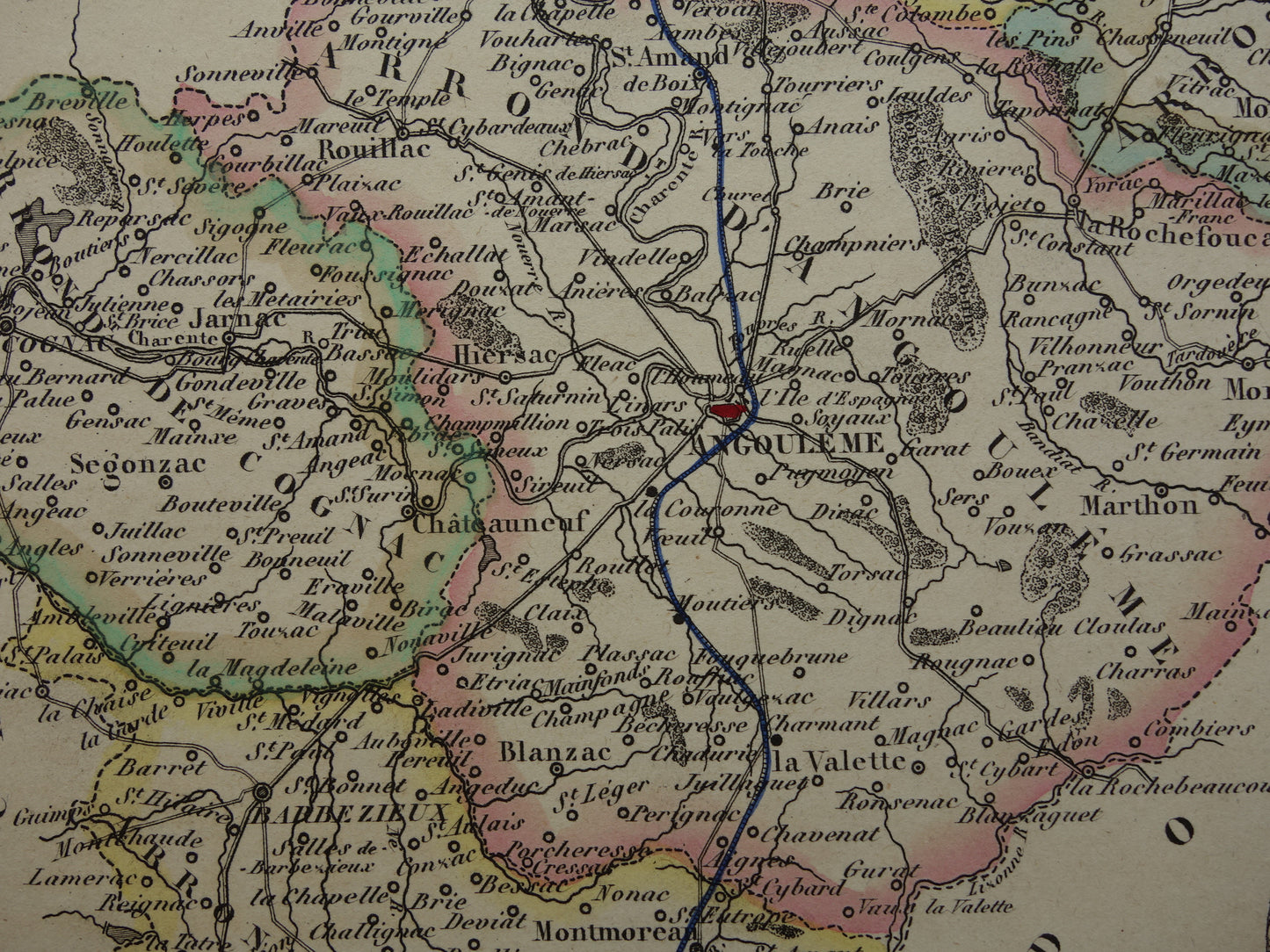 CHARENTE Frankrijk oude kaart uit 1856 originele antieke handgekleurde landkaart Cognac Angoulême Chateau de la Rochefoucauld