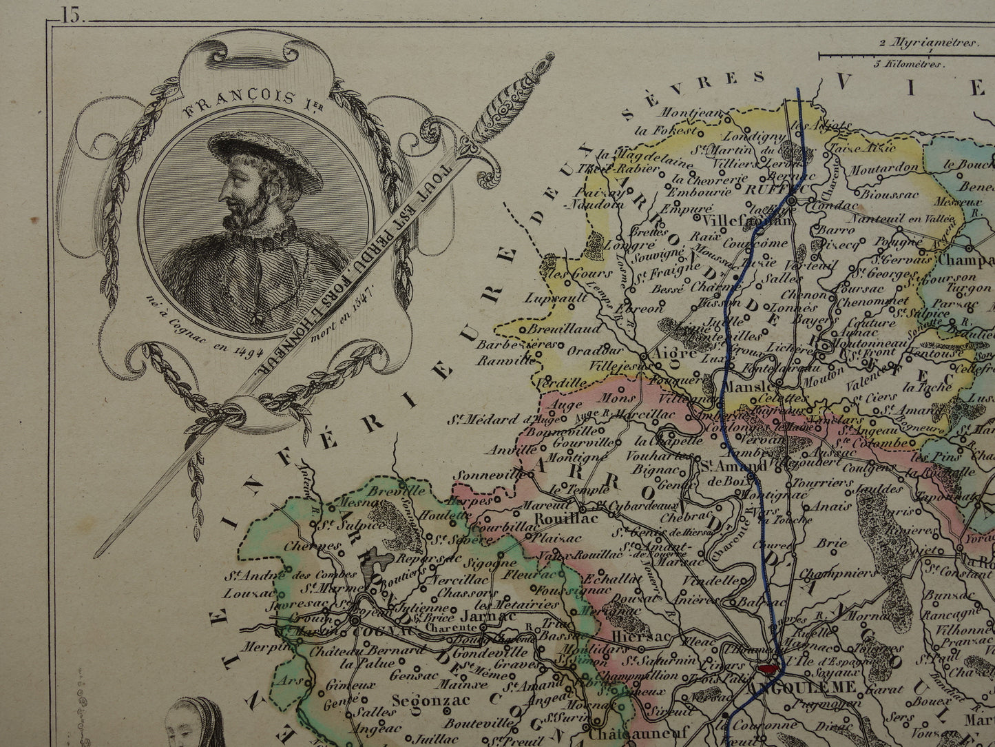 CHARENTE Frankrijk oude kaart uit 1856 originele antieke handgekleurde landkaart Cognac Angoulême Chateau de la Rochefoucauld