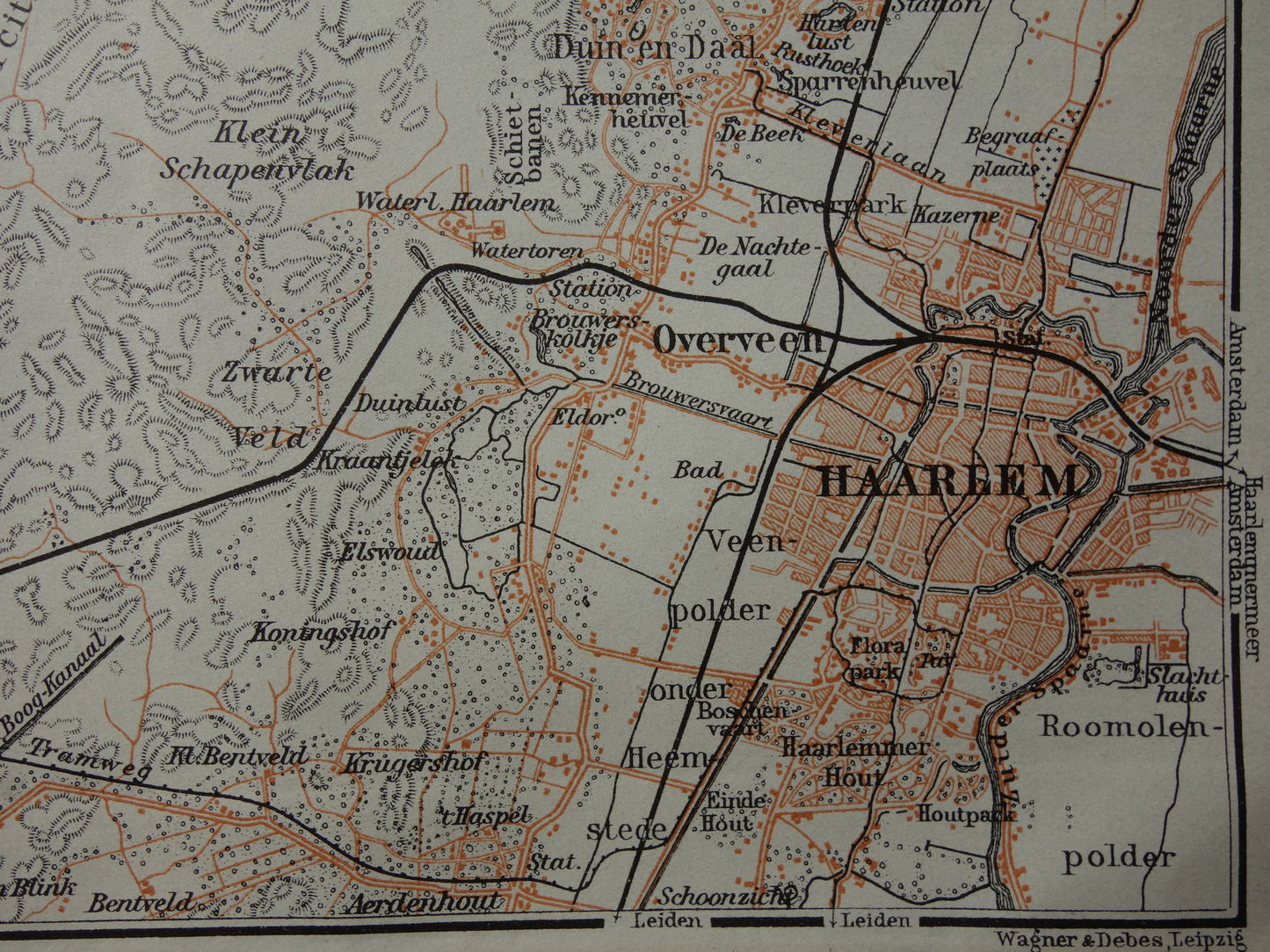 Zandvoort en Haarlem kleine oude landkaart uit 1904 kleine originele antieke kaart vintage print Bloemendaal Overveen