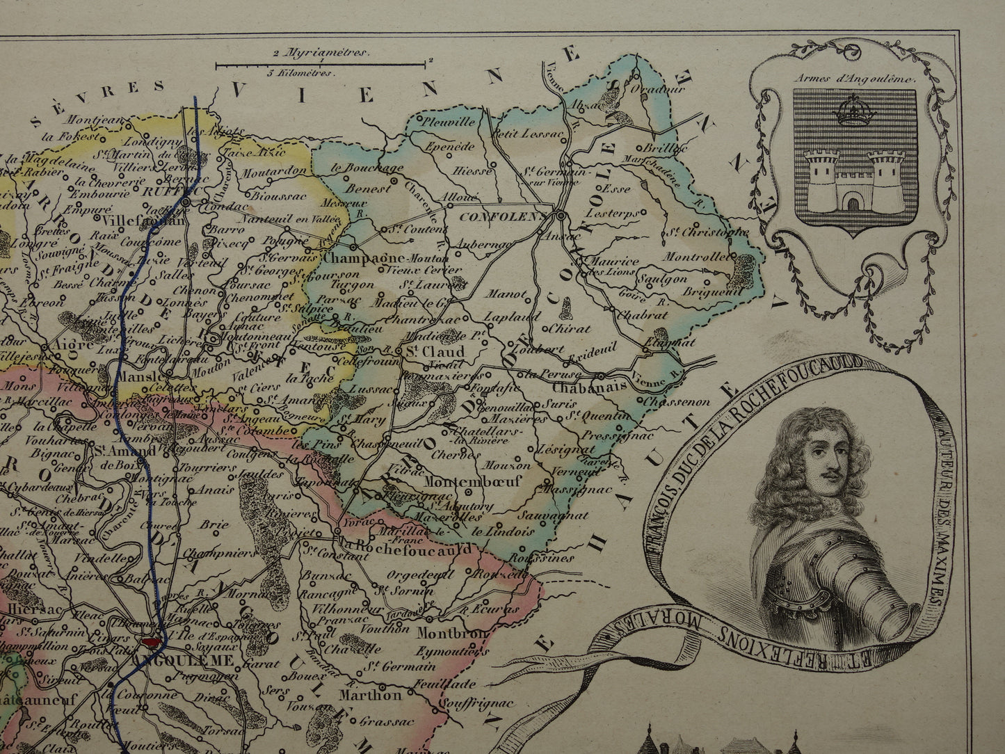 CHARENTE Frankrijk oude kaart uit 1856 originele antieke handgekleurde landkaart Cognac Angoulême Chateau de la Rochefoucauld