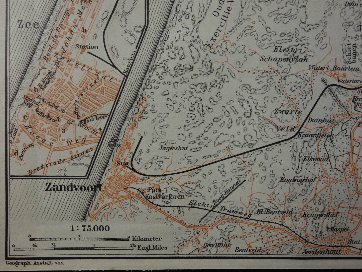 Zandvoort en Haarlem kleine oude landkaart uit 1904 kleine originele antieke kaart vintage print Bloemendaal Overveen
