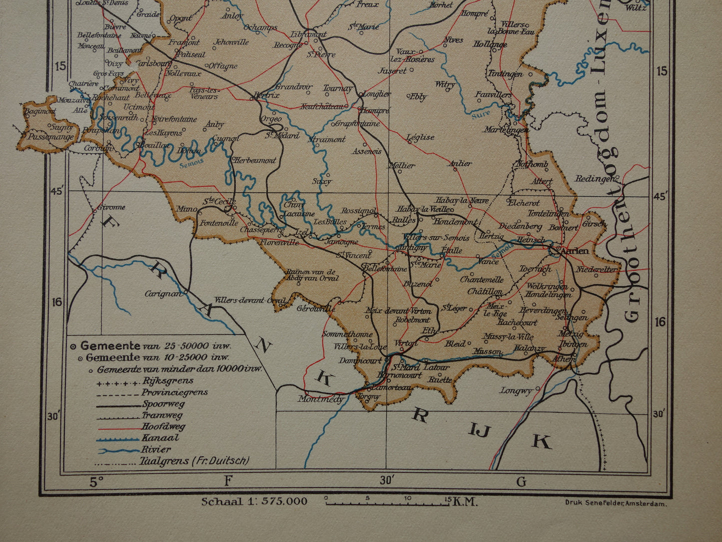 LUXEMBURG Oude kaart van provincie Lussimbork België uit 1936 Originele vintage Nederlandse kaart