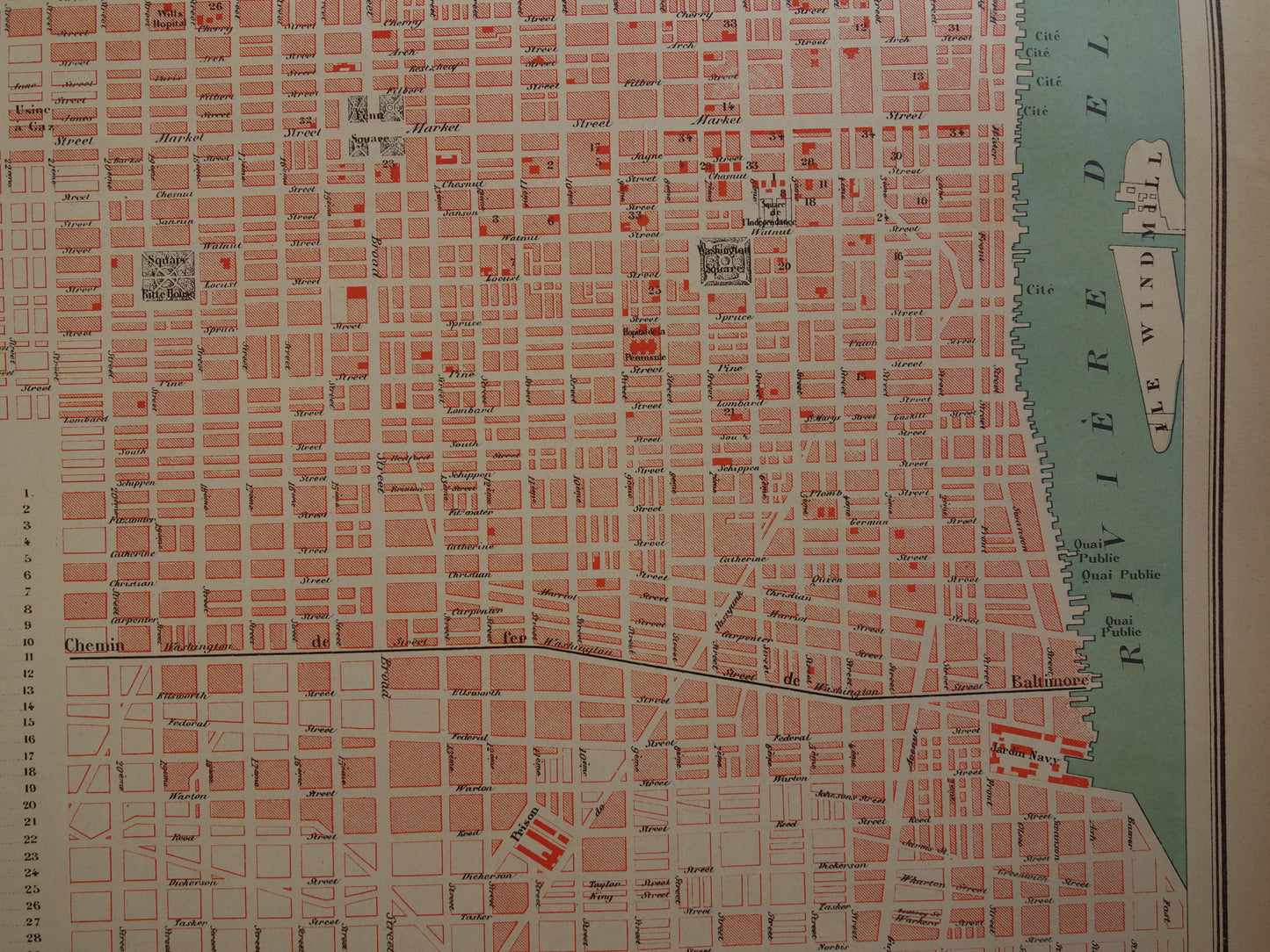 PHILADELPHIA oude plattegrond uit 1877 originele antieke Franse kaart van Philadelphia