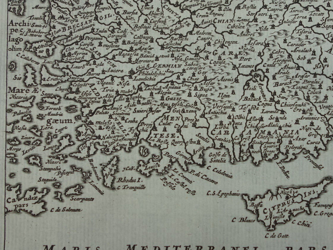 360+ jaar oude kaart van Turkije 1661 originele antieke landkaart Cyprus Cluver Natolia quae olim Asia Minor
