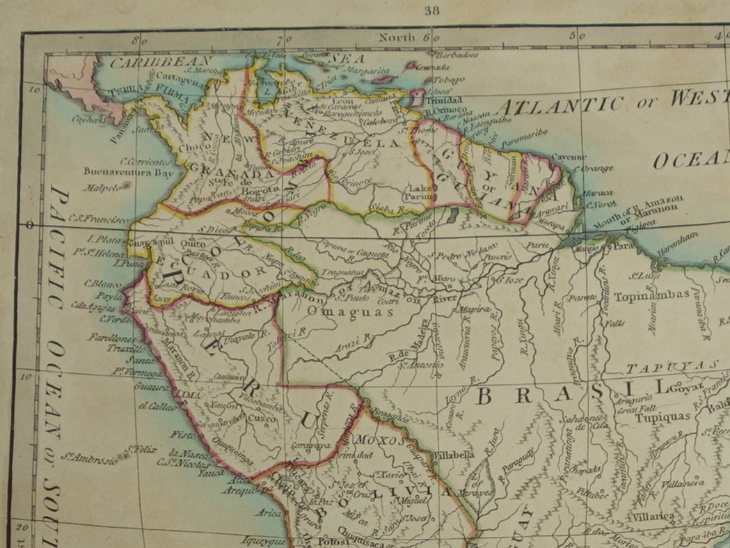 Kleine oude landkaart van Zuid-Amerika uit 1837 Originele Engelse handgekleurde kaart