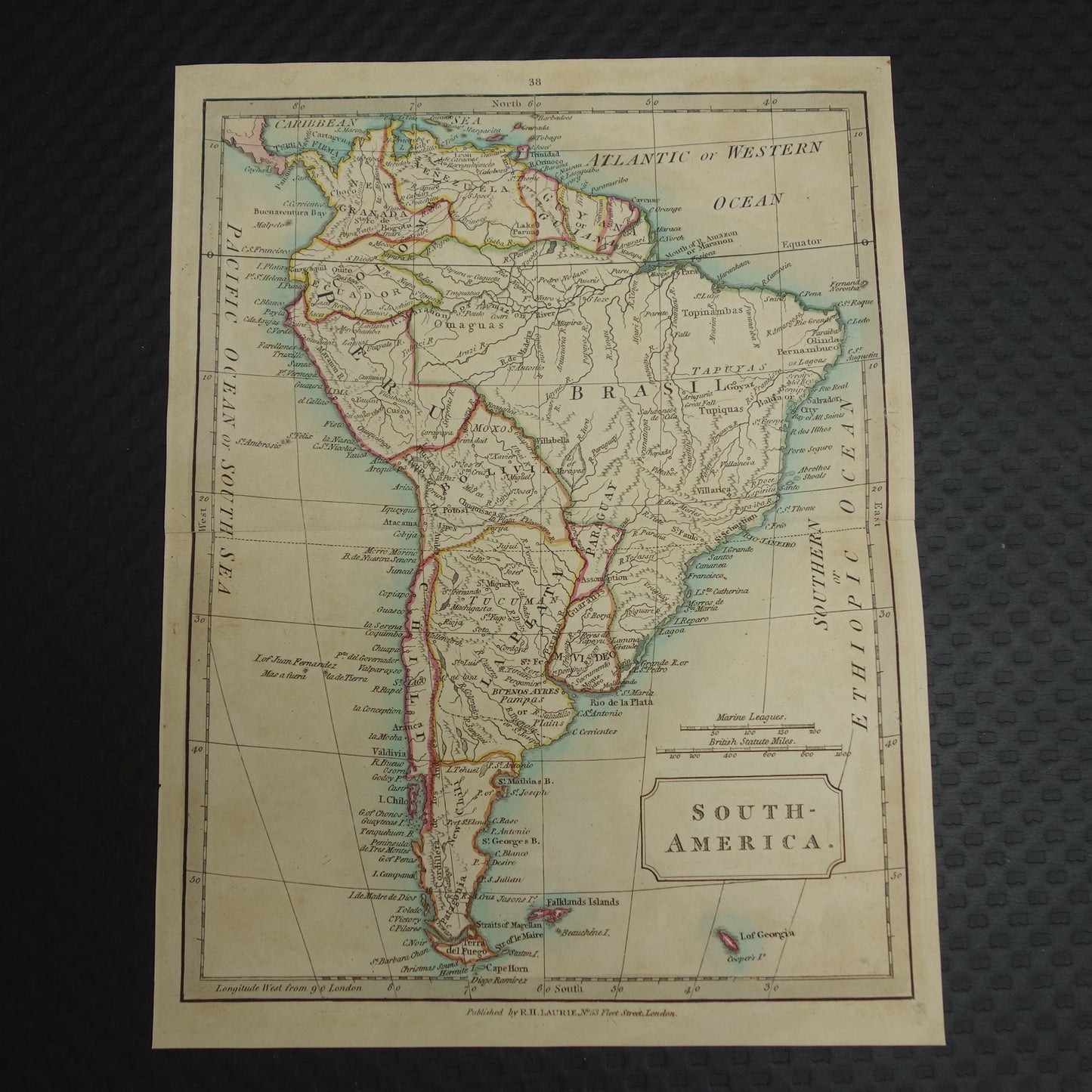 Kleine oude landkaart van Zuid-Amerika uit 1837 Originele Engelse handgekleurde kaart