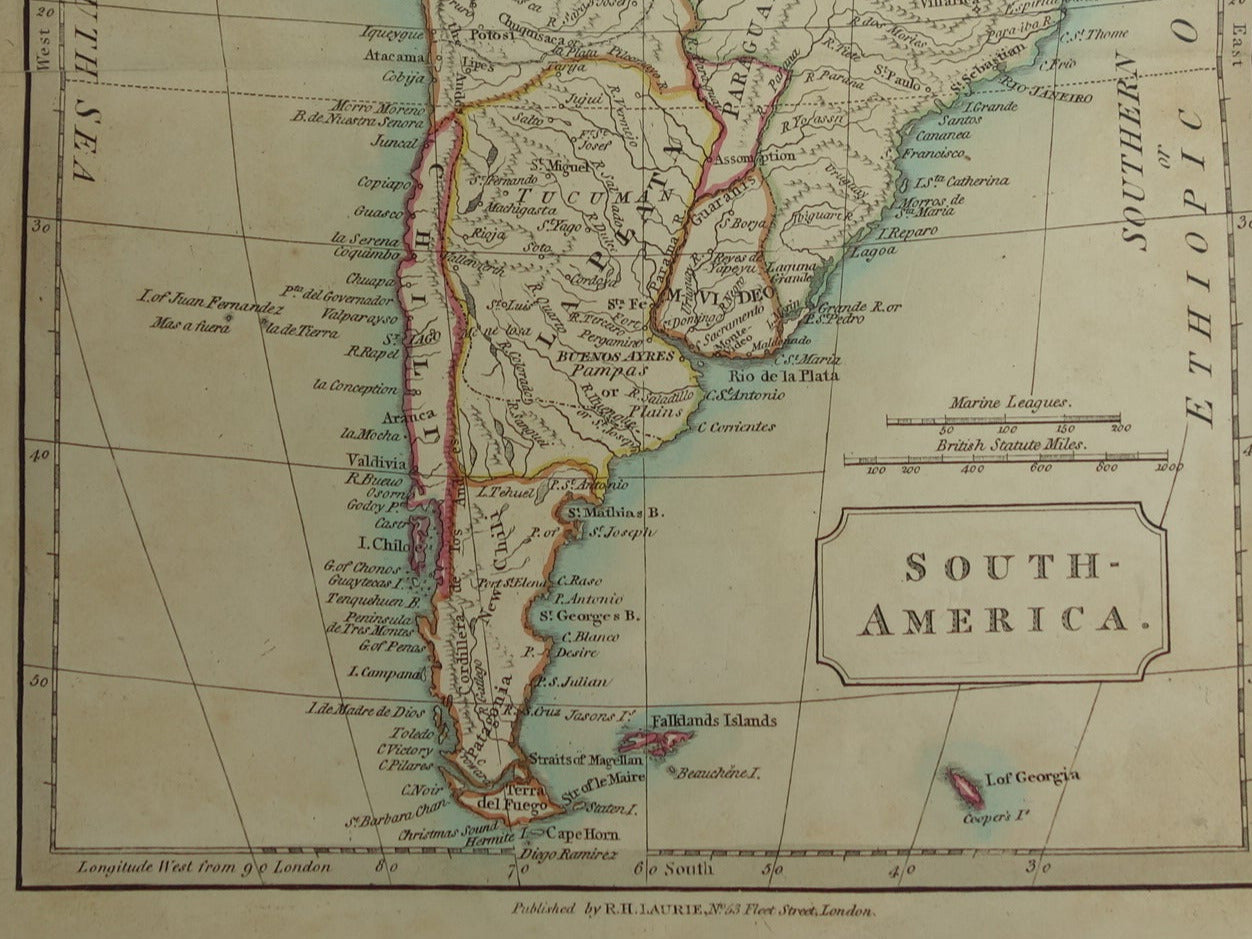 Kleine oude landkaart van Zuid-Amerika uit 1837 Originele Engelse handgekleurde kaart