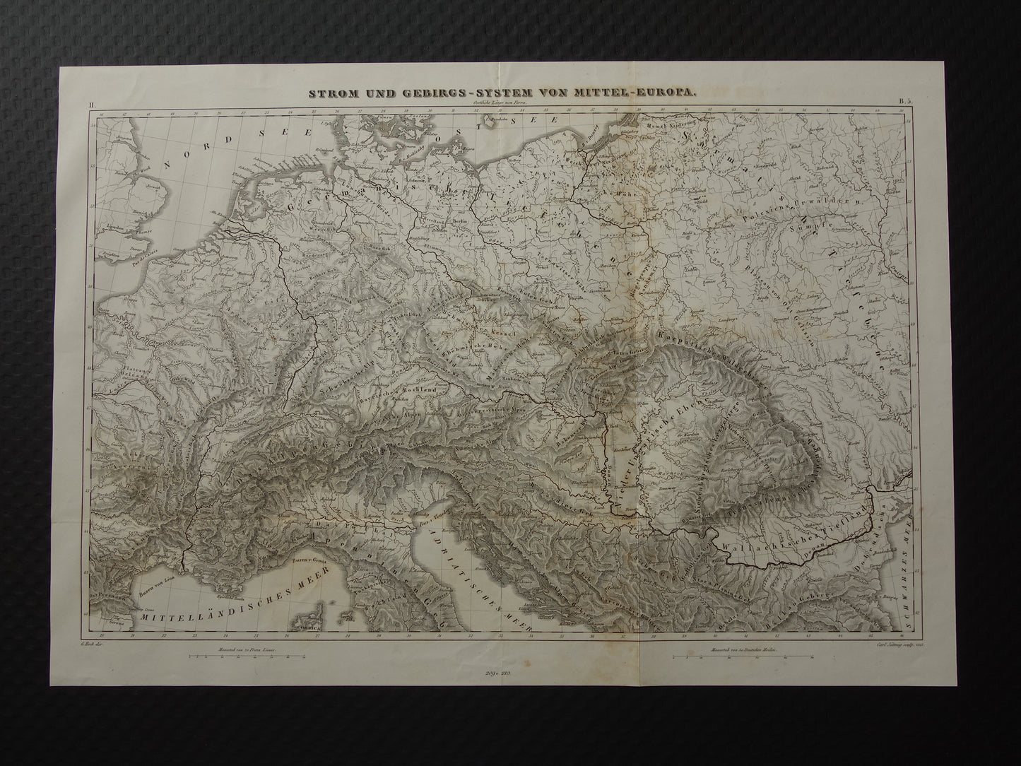 MIDDEN-EUROPA oude landkaart van rivieren en gebergten uit 1849 originele vintage historische kaarten Duitsland Oostenrijk Zwitserland Alpen bergen hoogtekaart