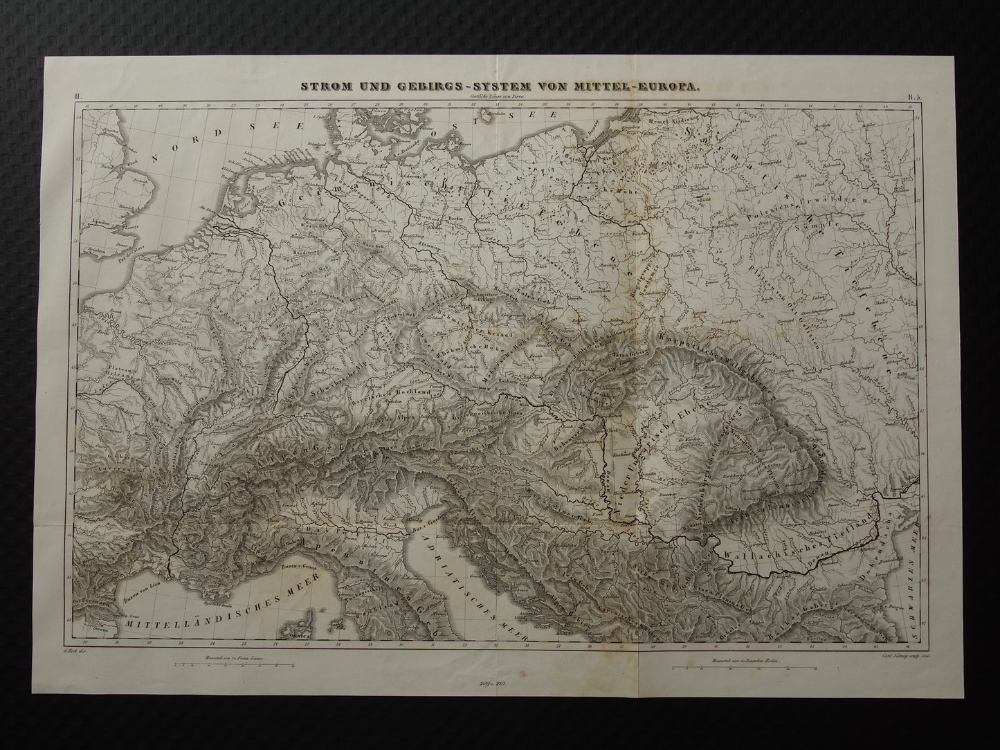 MIDDEN-EUROPA oude landkaart van rivieren en gebergten uit 1849 originele vintage historische kaarten Duitsland Oostenrijk Zwitserland Alpen bergen hoogtekaart