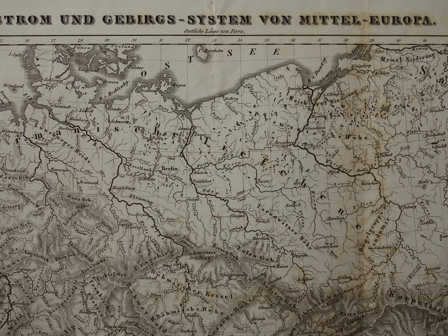 MIDDEN-EUROPA oude landkaart van rivieren en gebergten uit 1849 originele vintage historische kaarten Duitsland Oostenrijk Zwitserland Alpen bergen hoogtekaart