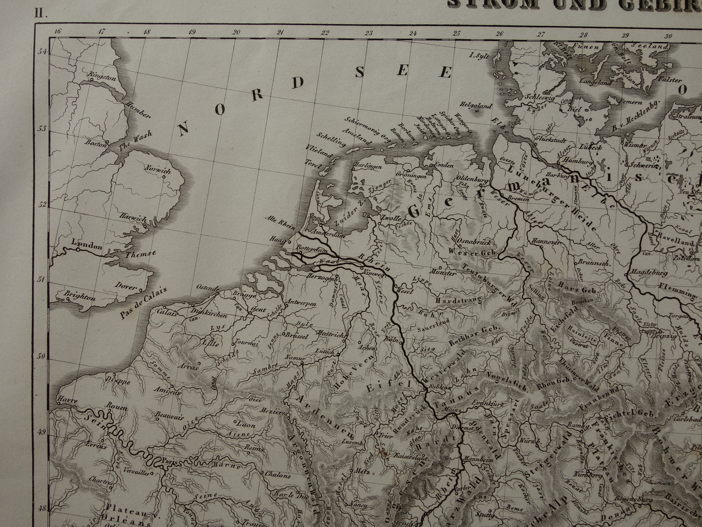 MIDDEN-EUROPA oude landkaart van rivieren en gebergten uit 1849 originele vintage historische kaarten Duitsland Oostenrijk Zwitserland Alpen bergen hoogtekaart
