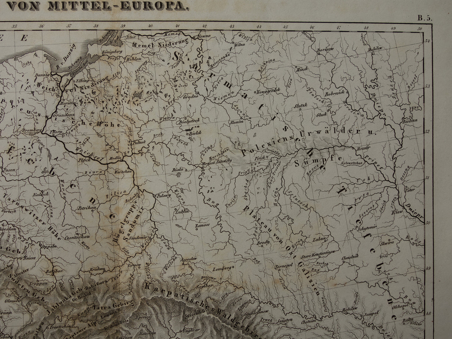 MIDDEN-EUROPA oude landkaart van rivieren en gebergten uit 1849 originele vintage historische kaarten Duitsland Oostenrijk Zwitserland Alpen bergen hoogtekaart