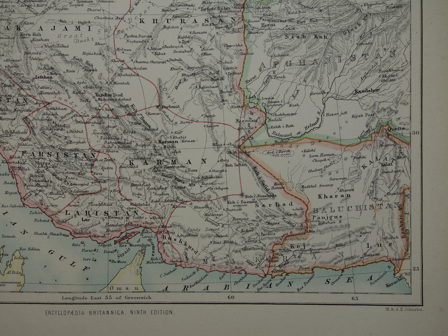 Originele oude kaart van Perzië / Iran uit 1883 antieke Engelse landkaart
