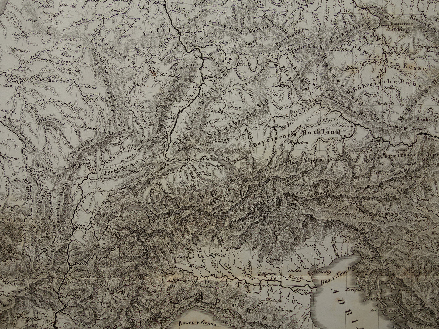 MIDDEN-EUROPA oude landkaart van rivieren en gebergten uit 1849 originele vintage historische kaarten Duitsland Oostenrijk Zwitserland Alpen bergen hoogtekaart