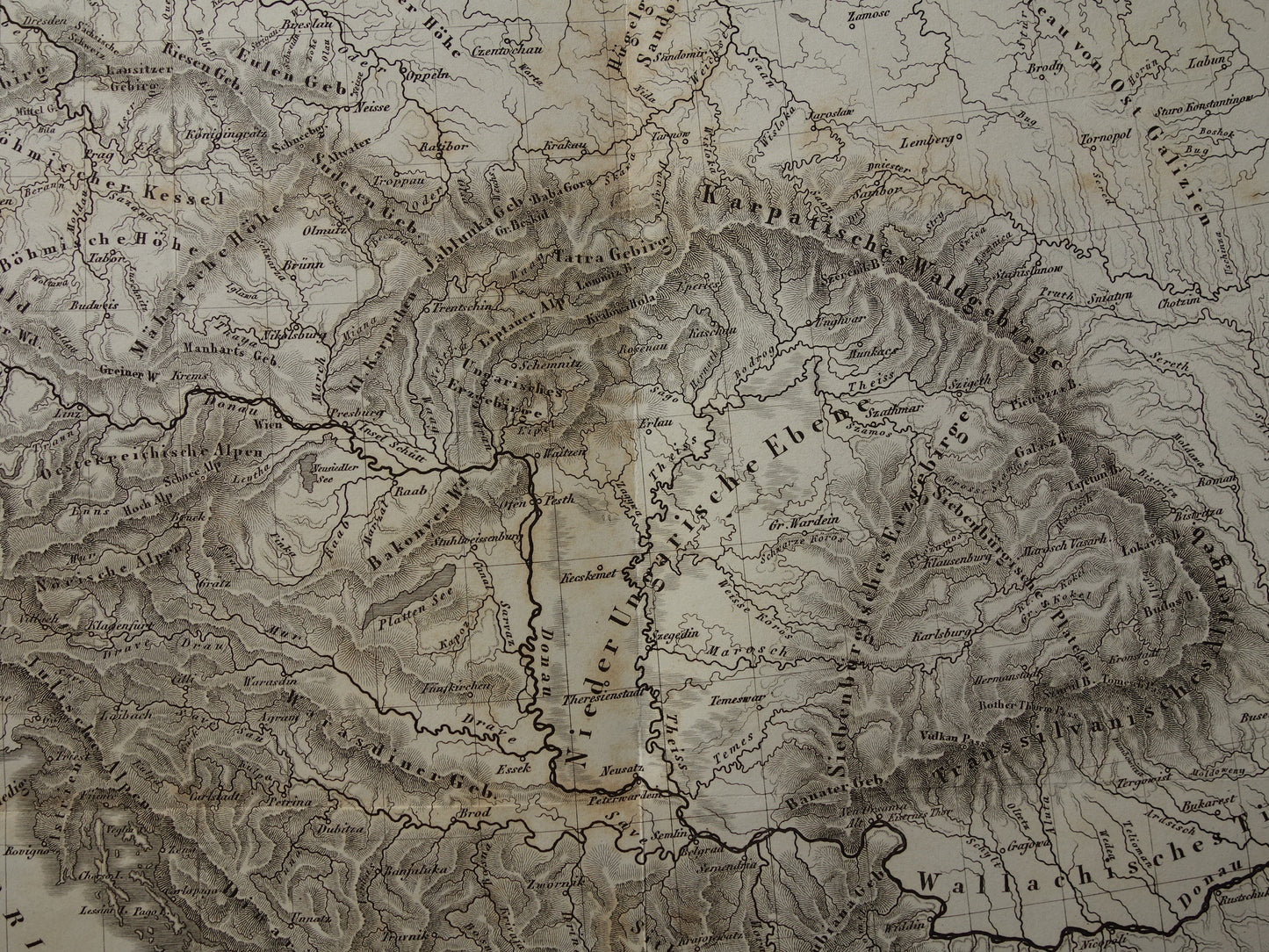 MIDDEN-EUROPA oude landkaart van rivieren en gebergten uit 1849 originele vintage historische kaarten Duitsland Oostenrijk Zwitserland Alpen bergen hoogtekaart