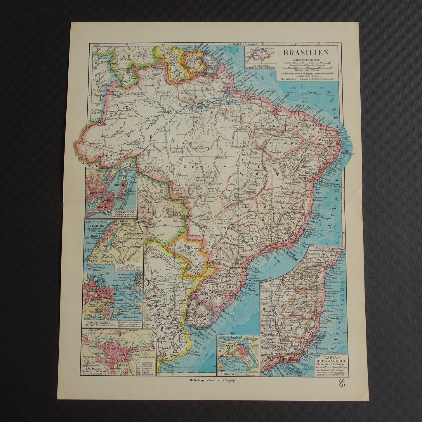 Brazilië oude landkaart van Brazilië uit 1928 originele vintage kaart Rio de Janeiro Bahia Sao Paolo