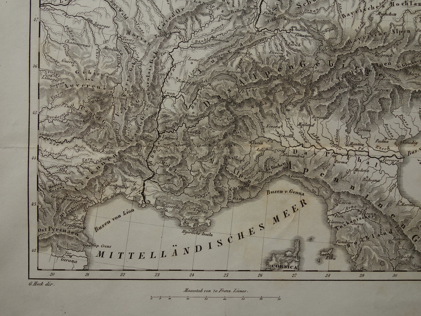 MIDDEN-EUROPA oude landkaart van rivieren en gebergten uit 1849 originele vintage historische kaarten Duitsland Oostenrijk Zwitserland Alpen bergen hoogtekaart