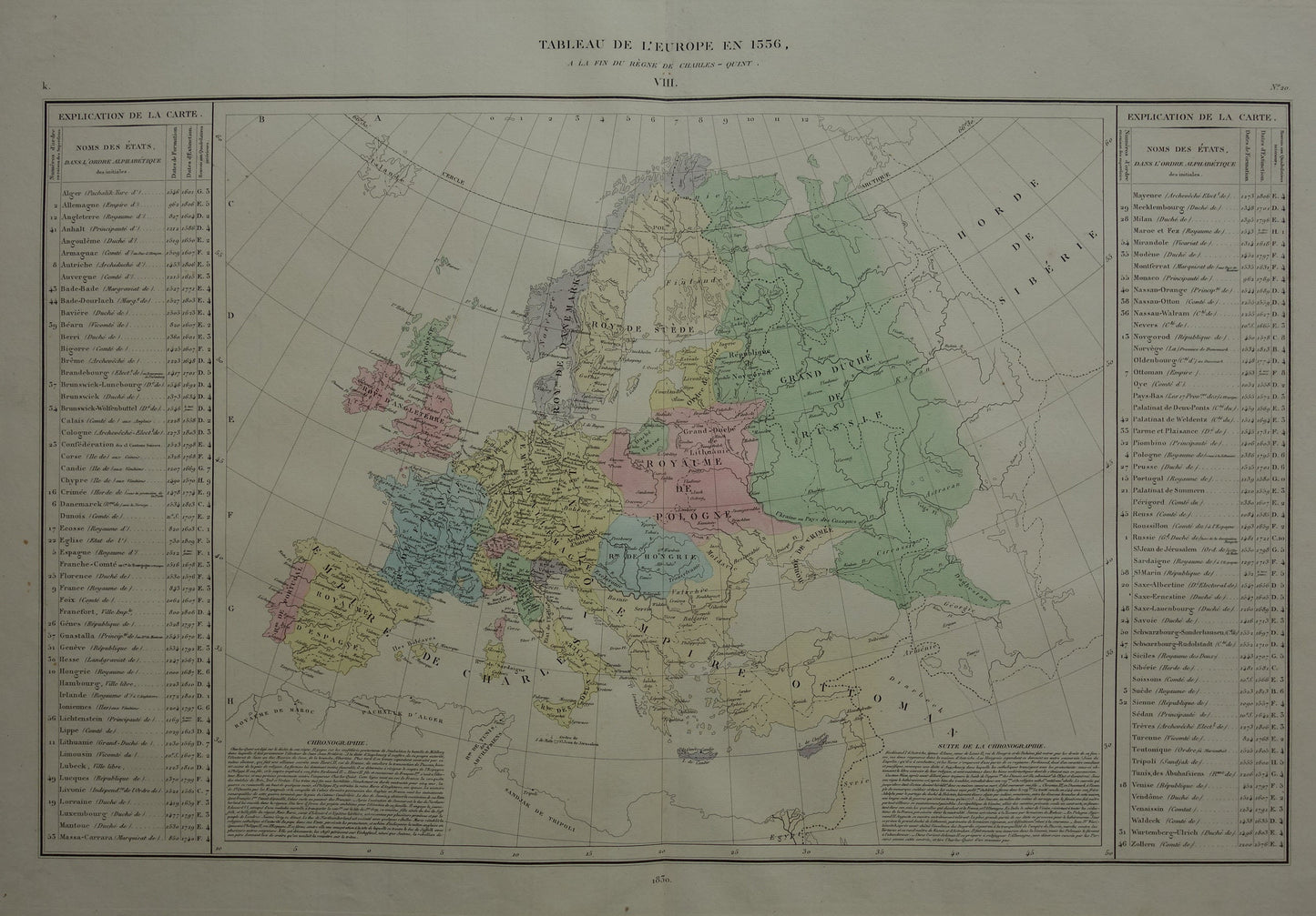 Oude kaart van Europa in het jaar 1556 keizer Karel V originele antieke landkaart uit 1830 geschiedeniskaart