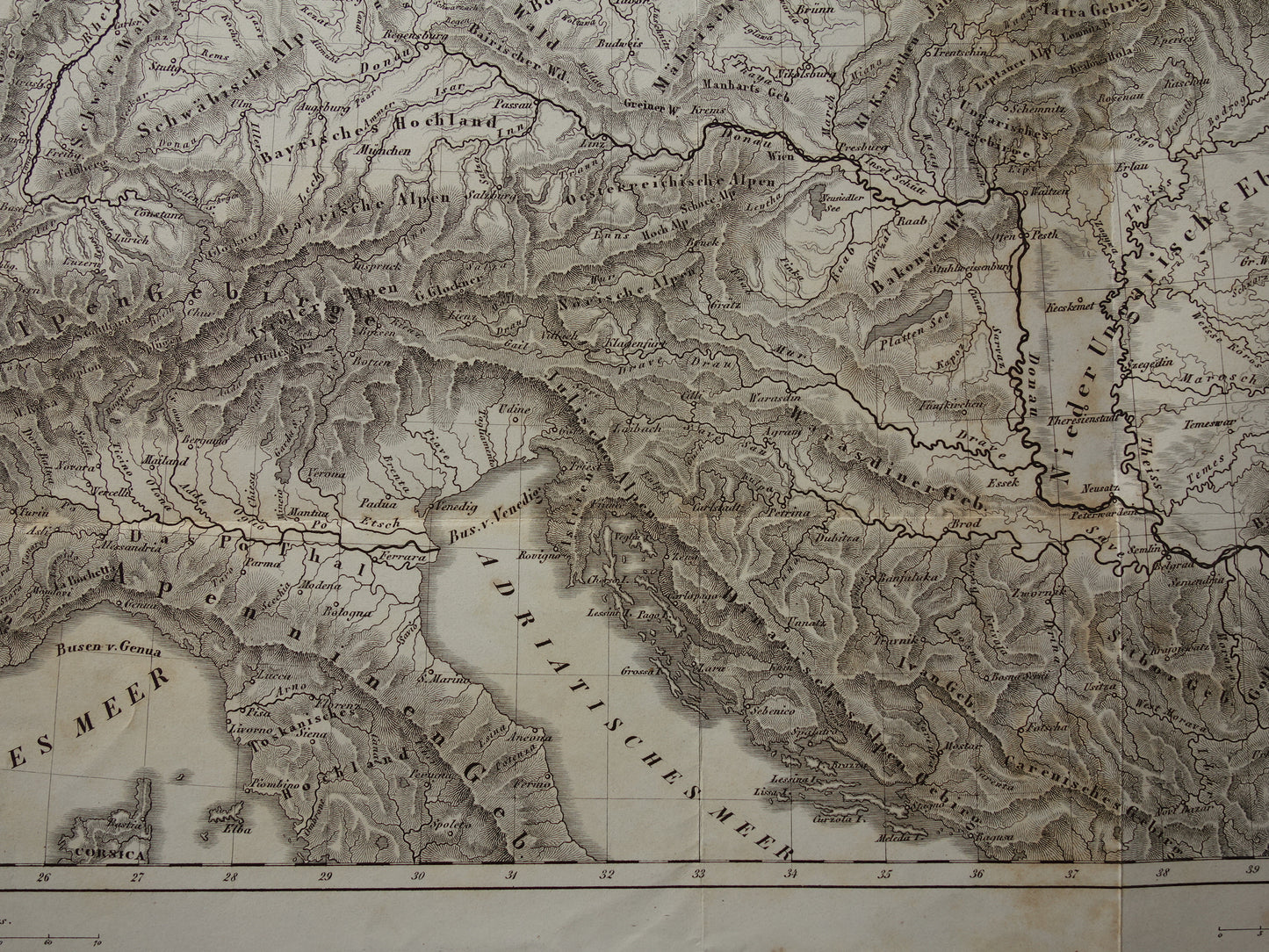 MIDDEN-EUROPA oude landkaart van rivieren en gebergten uit 1849 originele vintage historische kaarten Duitsland Oostenrijk Zwitserland Alpen bergen hoogtekaart