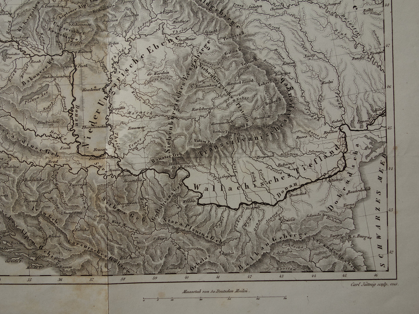 MIDDEN-EUROPA oude landkaart van rivieren en gebergten uit 1849 originele vintage historische kaarten Duitsland Oostenrijk Zwitserland Alpen bergen hoogtekaart