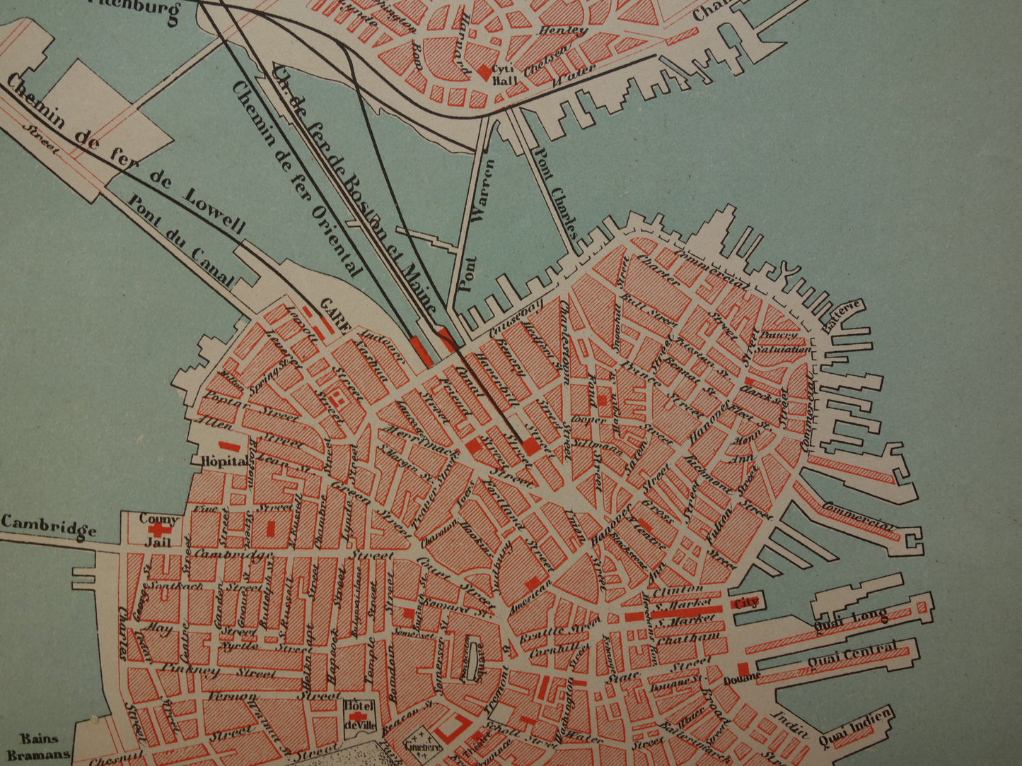 BOSTON oude plattegrond uit 1877 originele antieke Franse kaart van Boston