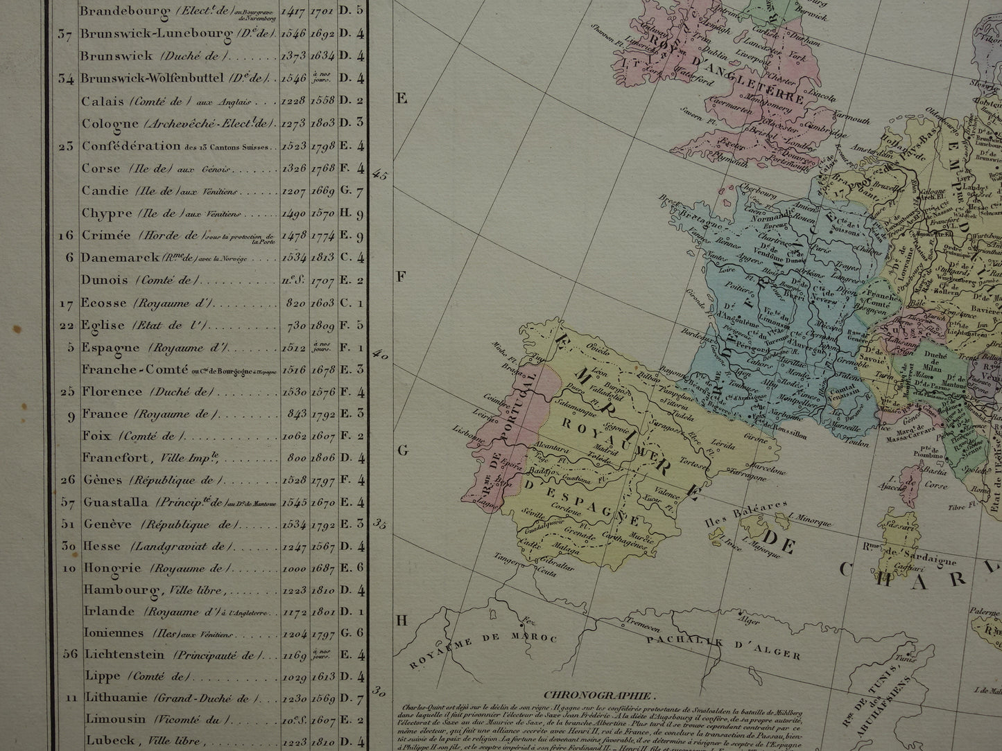 Oude kaart van Europa in het jaar 1556 keizer Karel V originele antieke landkaart uit 1830 geschiedeniskaart