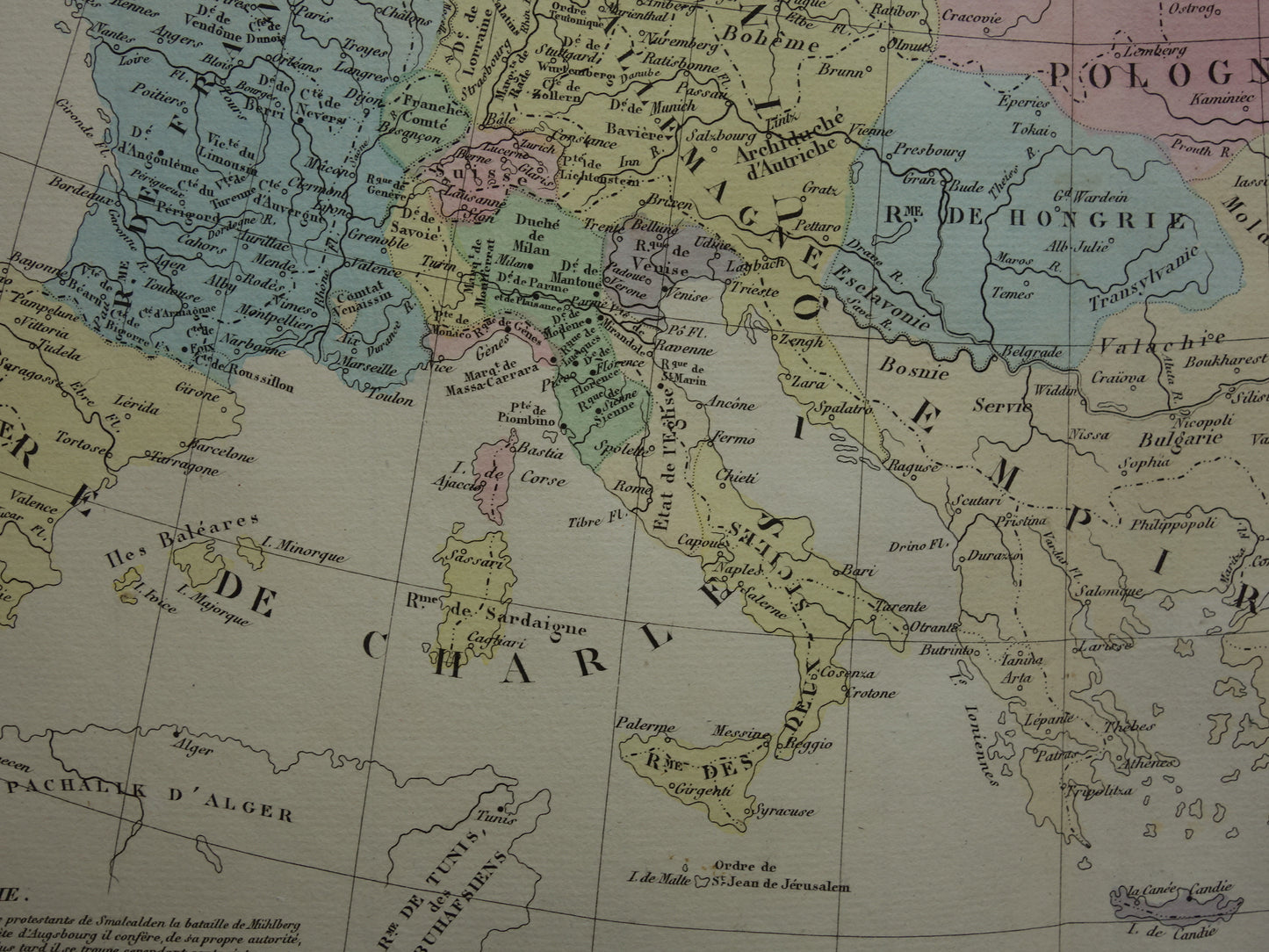Oude kaart van Europa in het jaar 1556 keizer Karel V originele antieke landkaart uit 1830 geschiedeniskaart