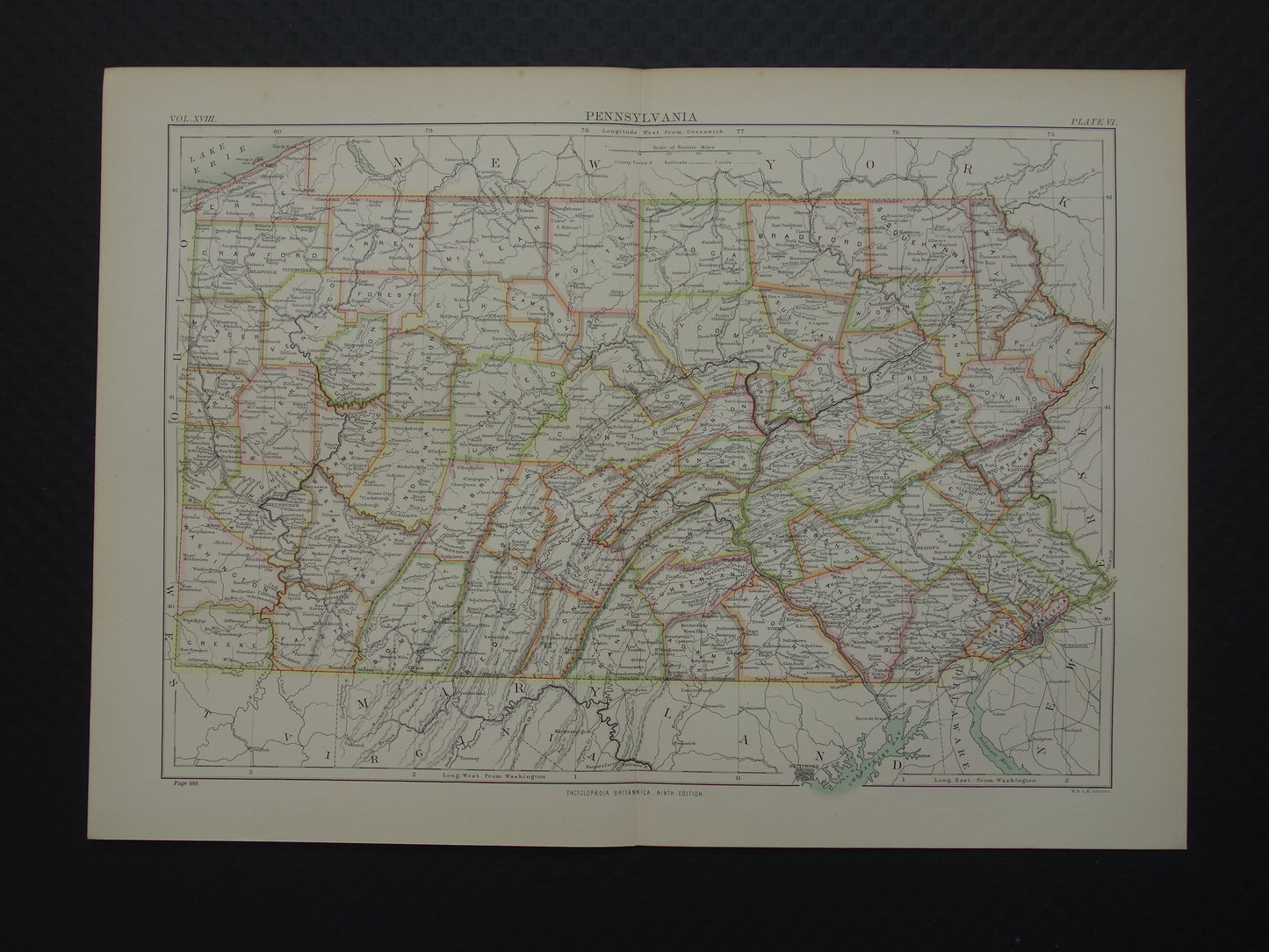 Originele oude kaart van PENNSYLVANIA uit 1883 antieke Engelse landkaart