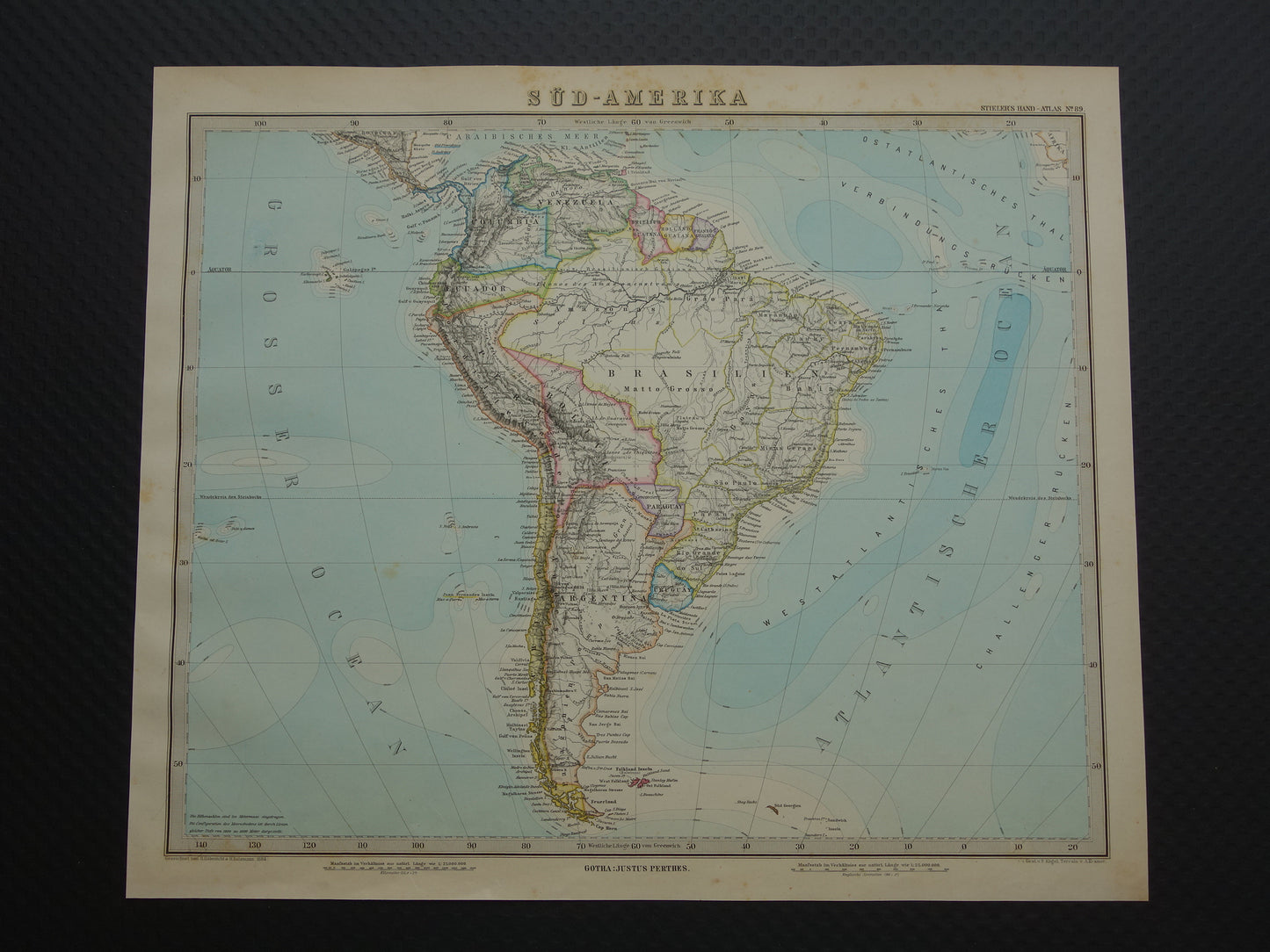 ZUID-AMERIKA vintage landkaart uit 1884 van continent Originele oude antieke kaart met jaartal