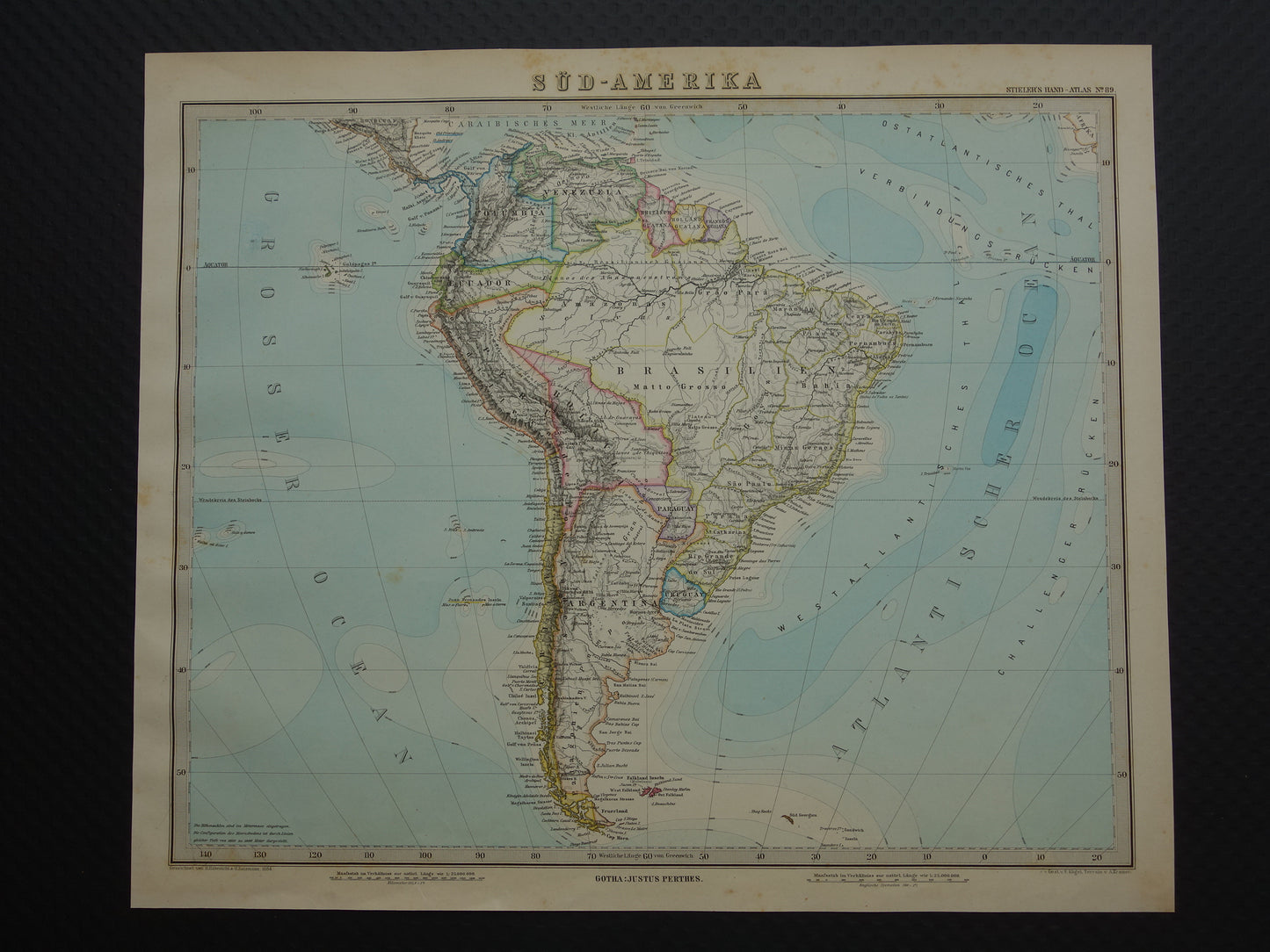 ZUID-AMERIKA vintage landkaart uit 1884 van continent Originele oude antieke kaart met jaartal