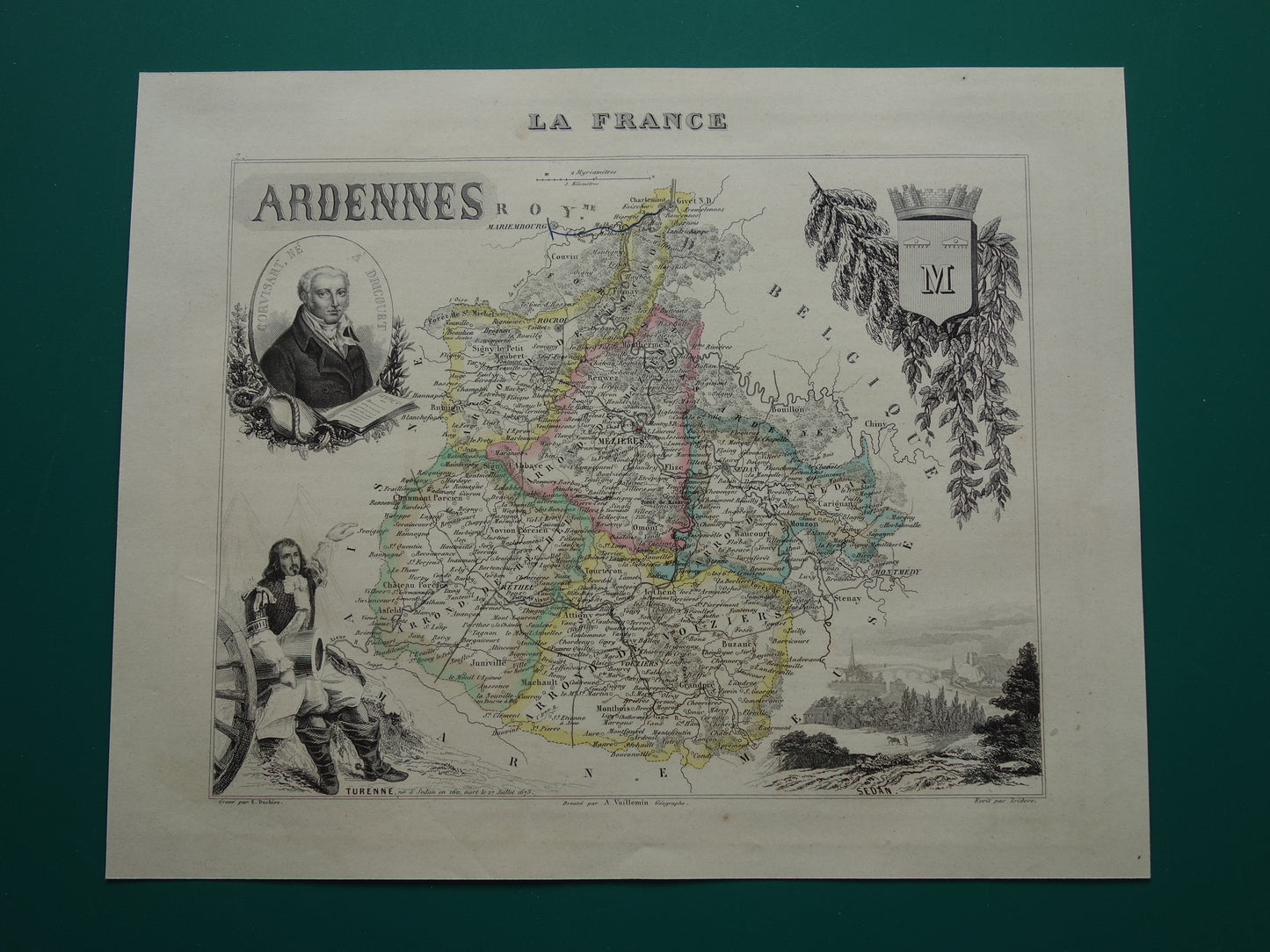 Oude kaart van Ardennes departement in Frankrijk uit 1856 originele antieke handgekleurde landkaart Charleville Mezieres Rethel Sedan Revin Ardennen