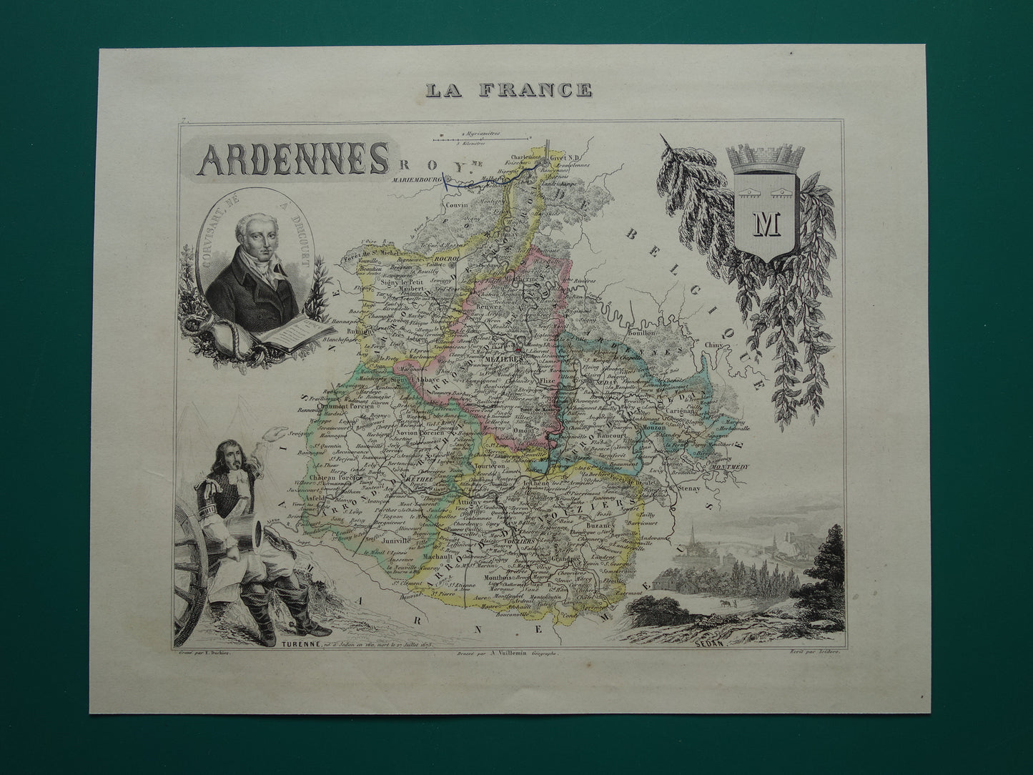 Oude kaart van Ardennes departement in Frankrijk uit 1856 originele antieke handgekleurde landkaart Charleville Mezieres Rethel Sedan Revin Ardennen