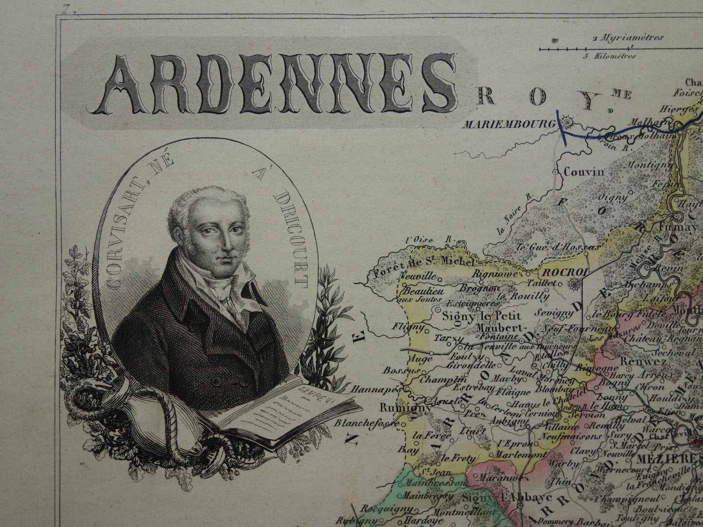 Oude kaart van Ardennes departement in Frankrijk uit 1856 originele antieke handgekleurde landkaart Charleville Mezieres Rethel Sedan Revin Ardennen