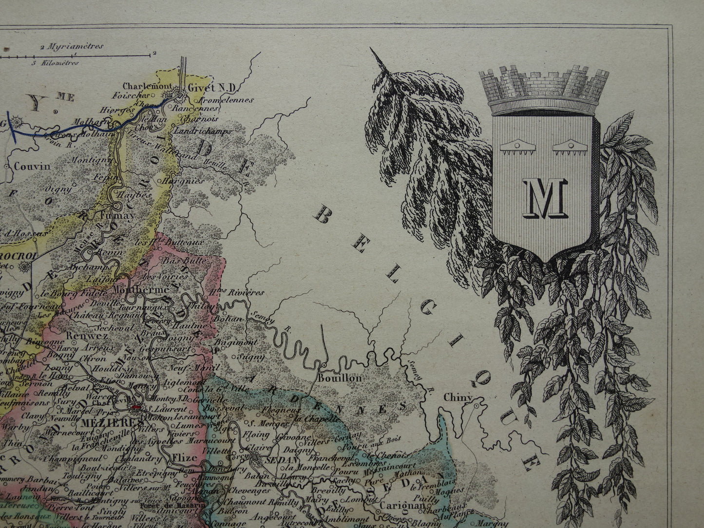Oude kaart van Ardennes departement in Frankrijk uit 1856 originele antieke handgekleurde landkaart Charleville Mezieres Rethel Sedan Revin Ardennen
