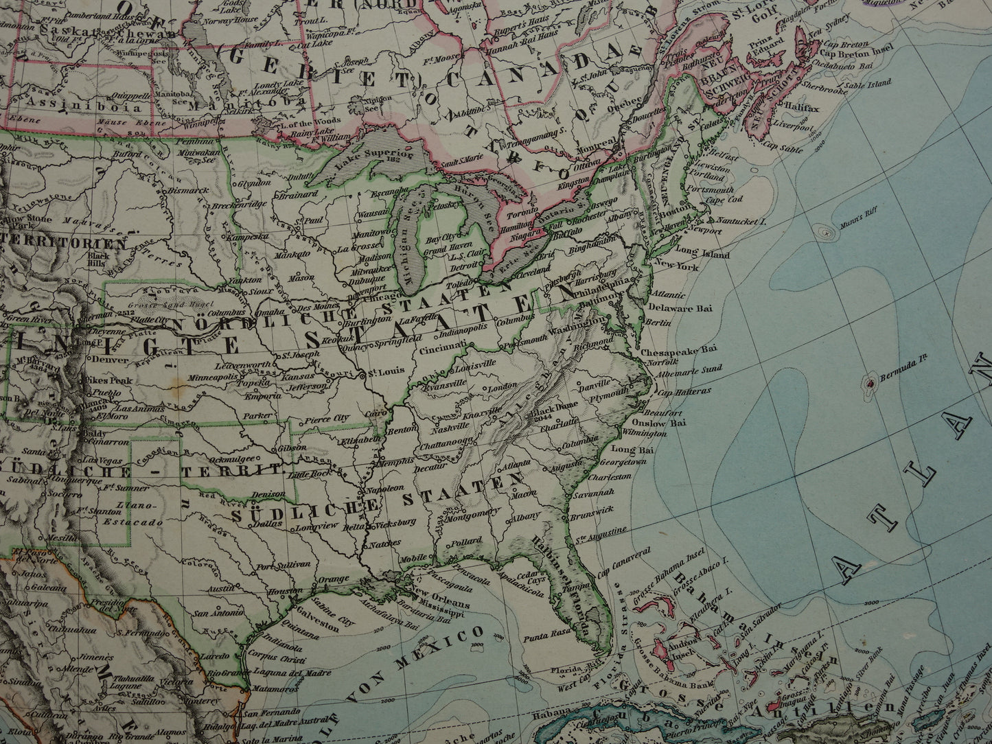 Alte Karte von Nordamerika aus dem Jahr 1884. Antike Karte der USA, Kanadas und Mexikos.