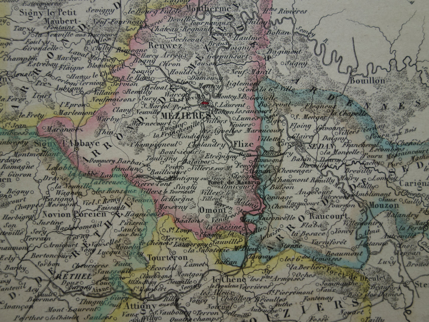 Oude kaart van Ardennes departement in Frankrijk uit 1856 originele antieke handgekleurde landkaart Charleville Mezieres Rethel Sedan Revin Ardennen