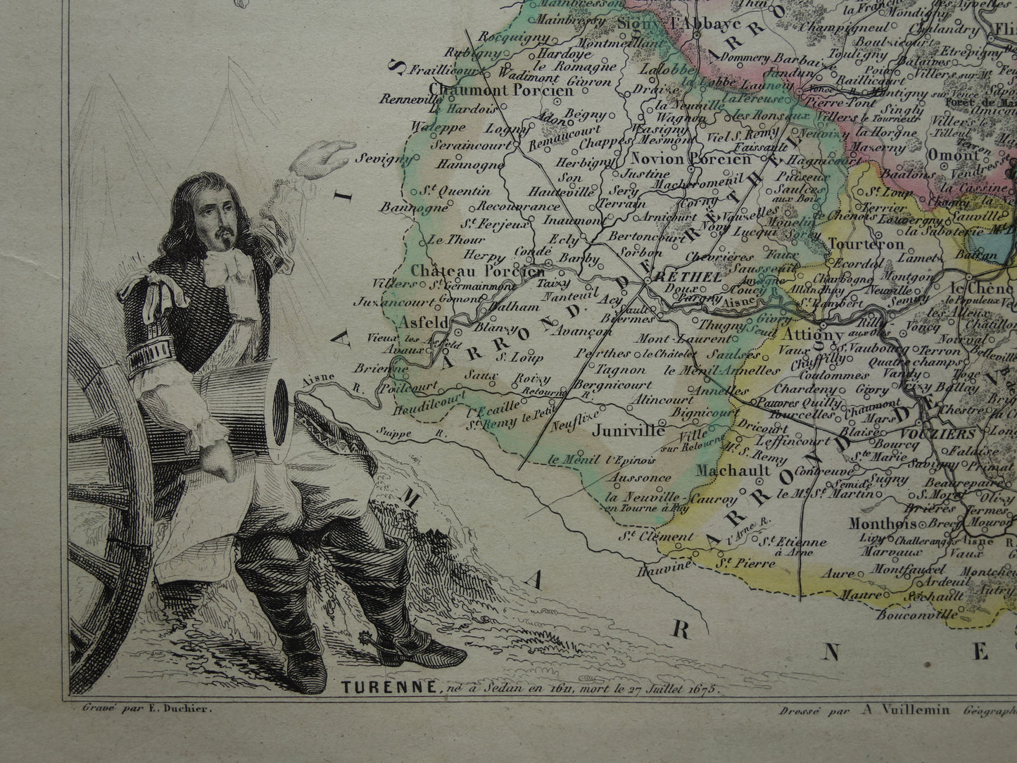 Oude kaart van Ardennes departement in Frankrijk uit 1856 originele antieke handgekleurde landkaart Charleville Mezieres Rethel Sedan Revin Ardennen