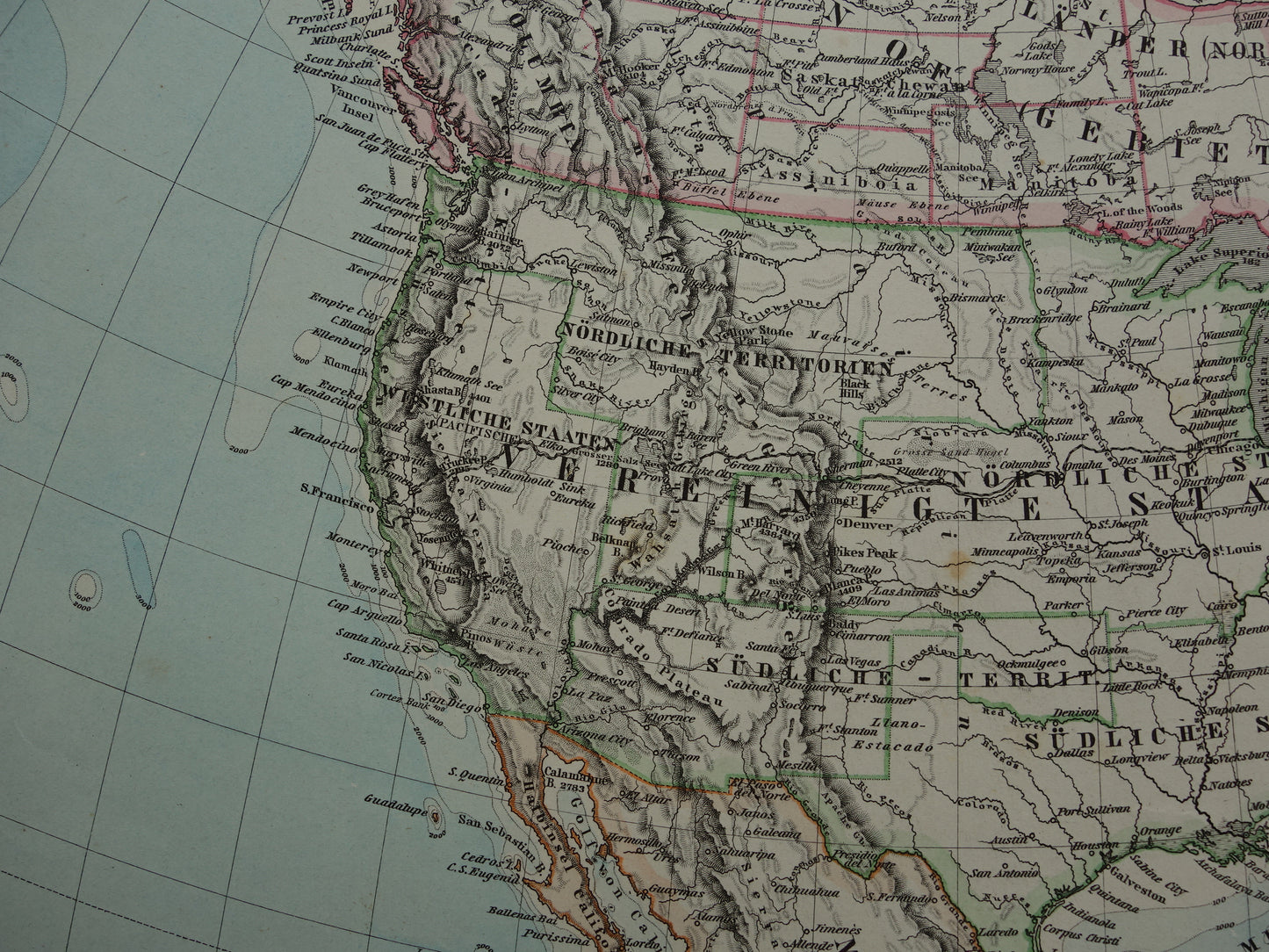Alte Karte von Nordamerika aus dem Jahr 1884. Antike Karte der USA, Kanadas und Mexikos.